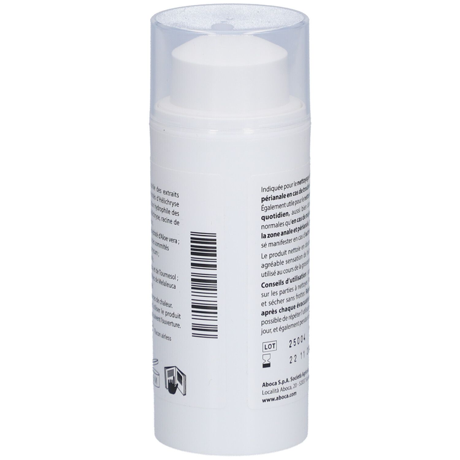 Achterkant van de witte dispenser. Tekstinformatie, barcode en fabrikantenadres.