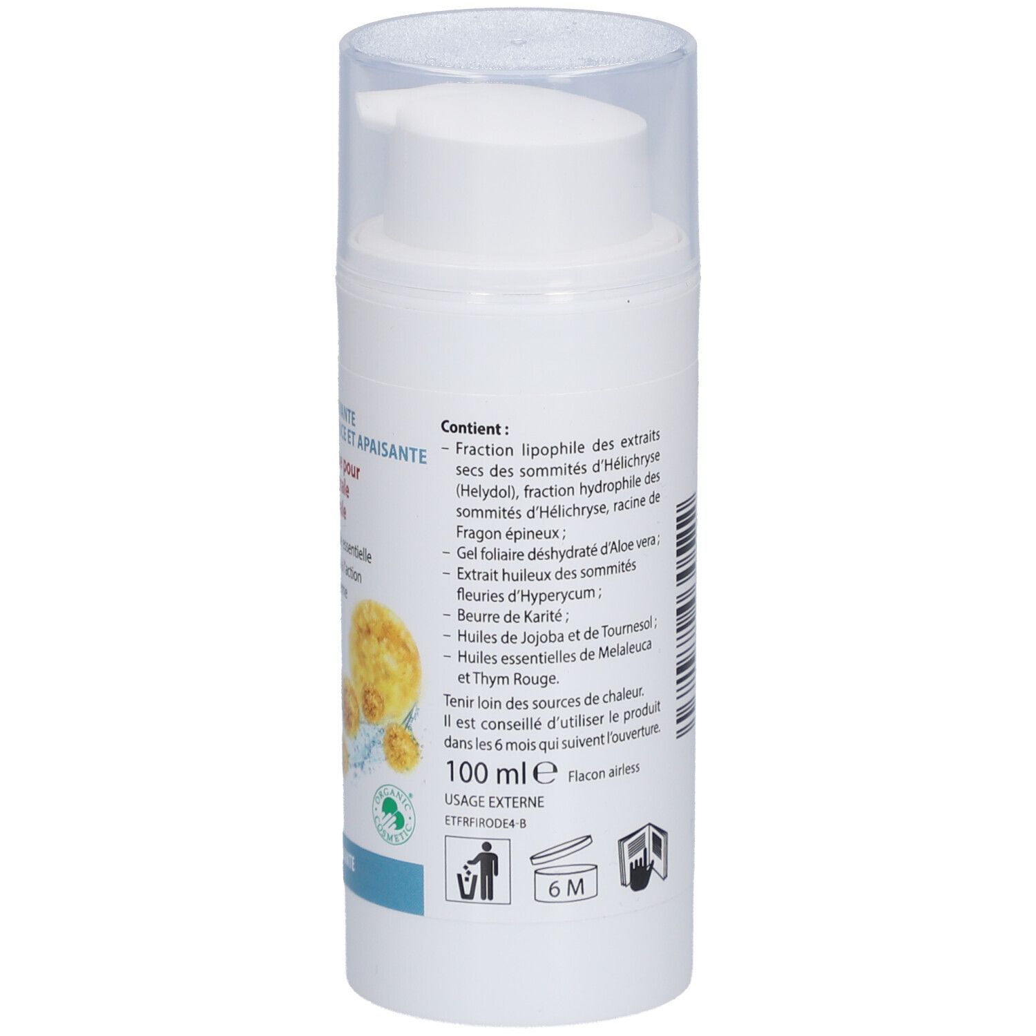 Achterkant van de witte dispenser. Tekstinformatie, ingrediënten en volume: 100 ml.