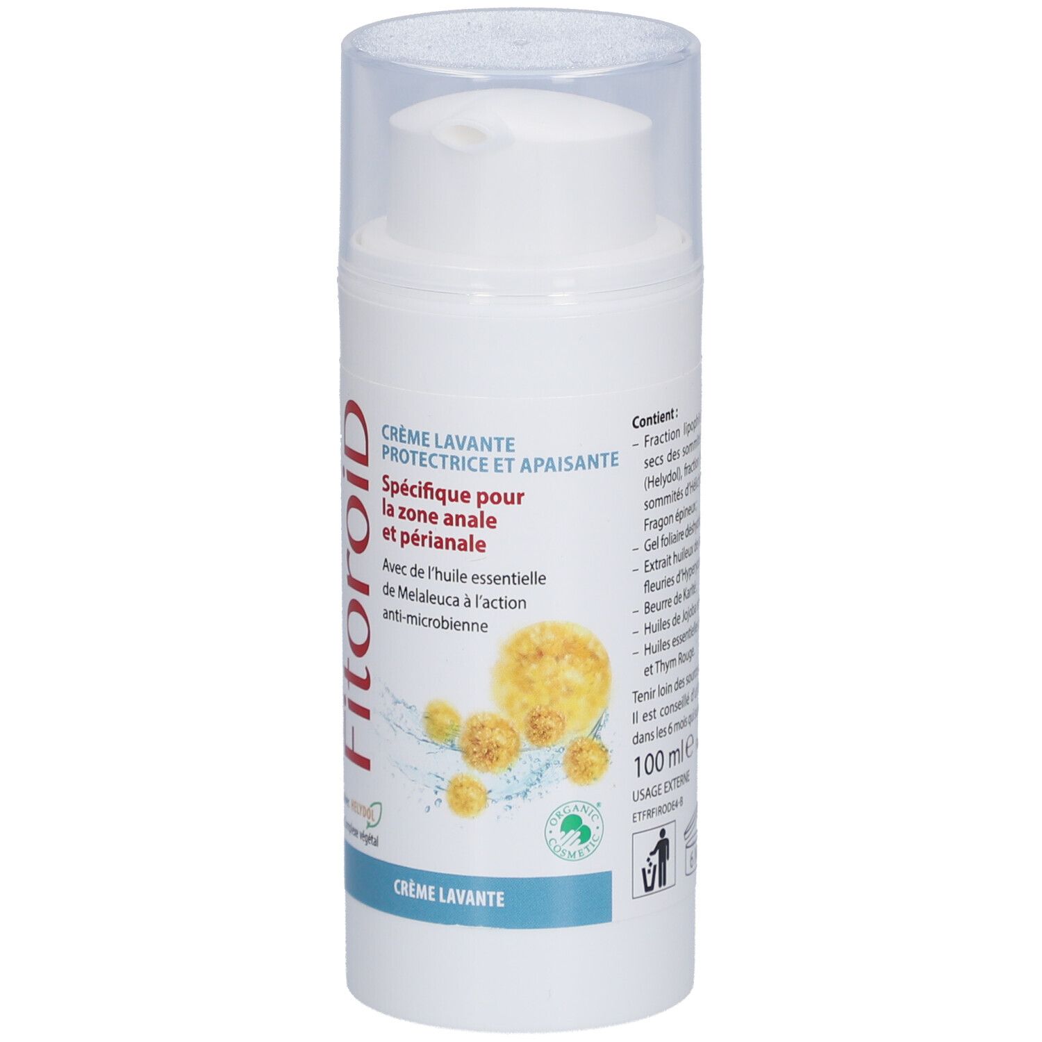 Witte dispenser met transparante dop. Opschrift: Fitoroid, Crème Lavante. Afbeelding van bloemen.