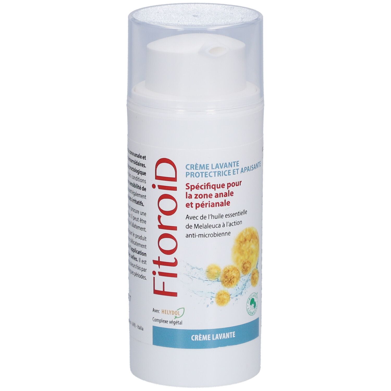Witte dispenser met transparante dop. Opschrift: Fitoroid, Crème Lavante. Afbeelding van bloemen.