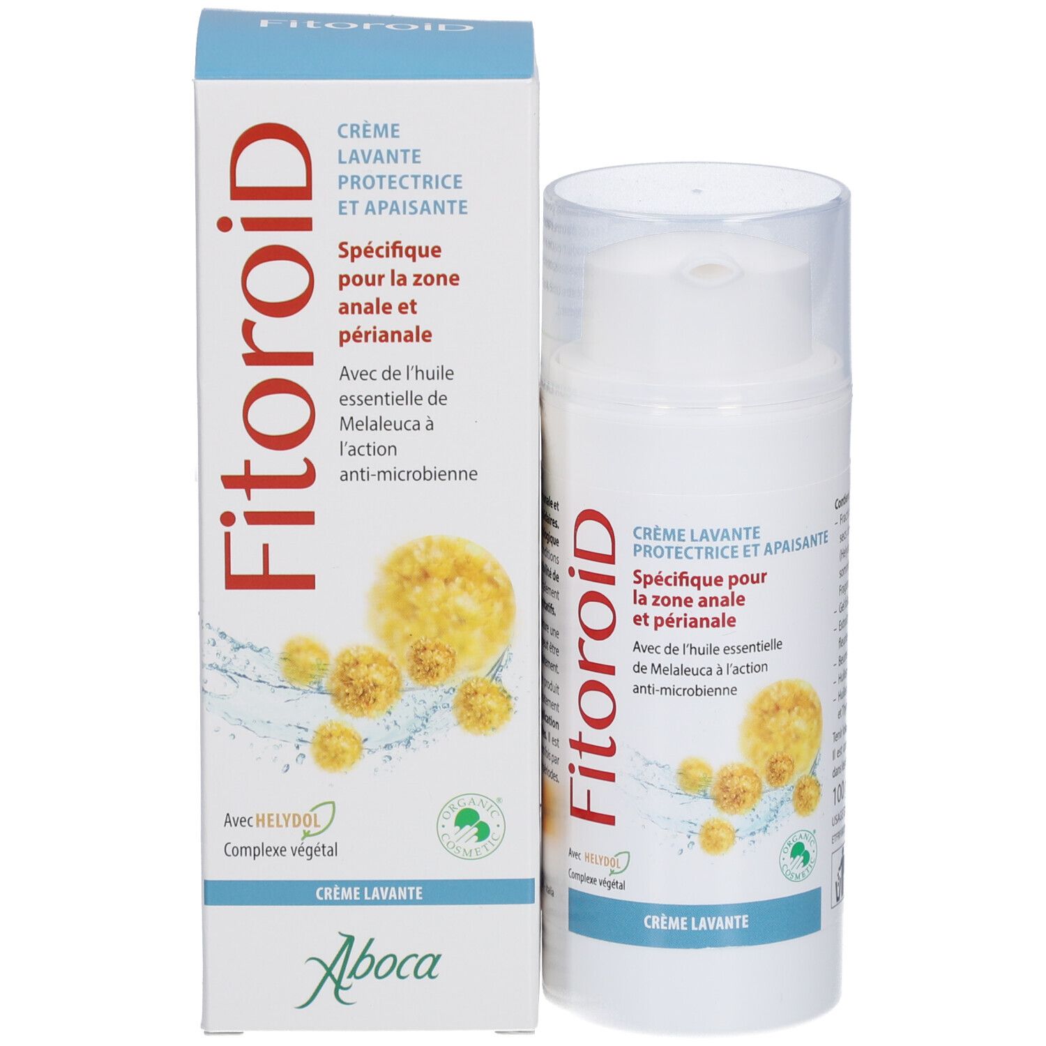 Verpakking en dispenser. Verpakking: blauw-wit, opschrift: Fitoroid, Crème Lavante. Afbeelding van bloemen.