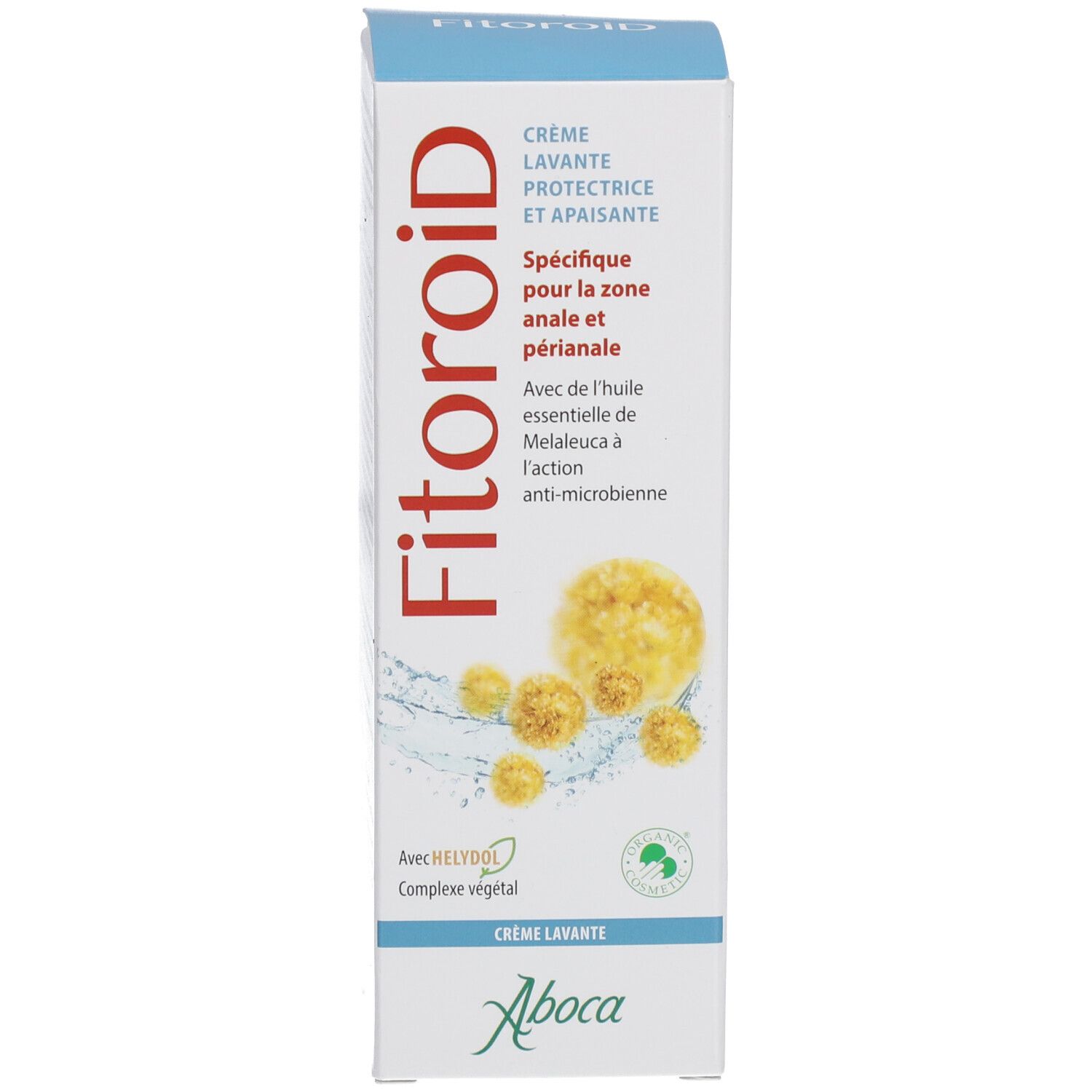 Productverpakking. Blauw-witte verpakking. Opschrift: Fitoroid, Crème Lavante. Afbeelding van bloemen.