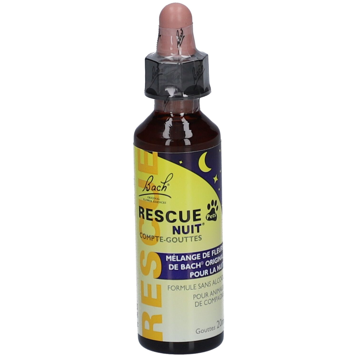 Gouttes Bach Rescue Remedy Nuit pour animaux, flacon de 20ml avec pipette.