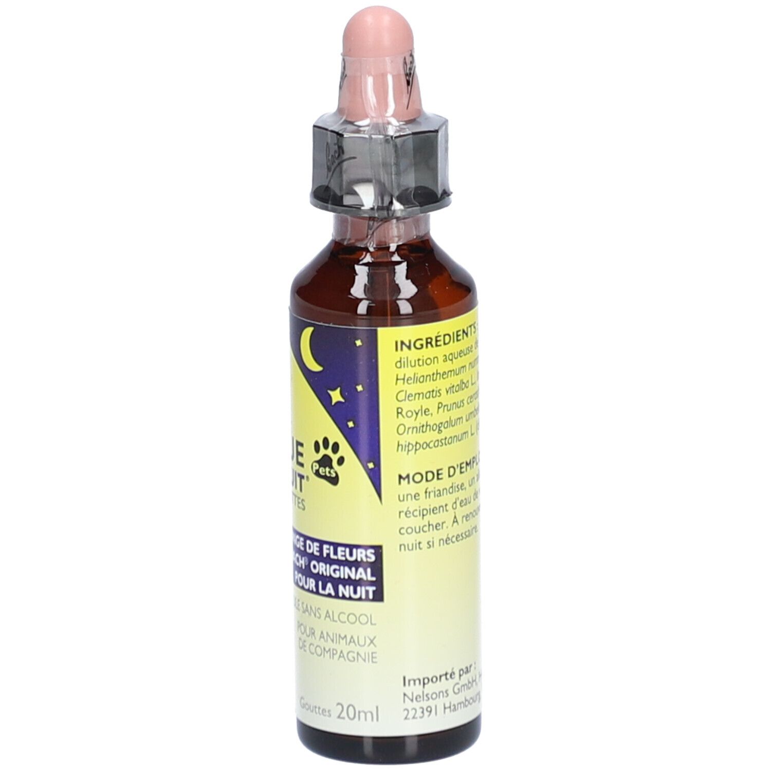 Flacon compte-gouttes brun de 20ml avec un motif de nuit et des étoiles.