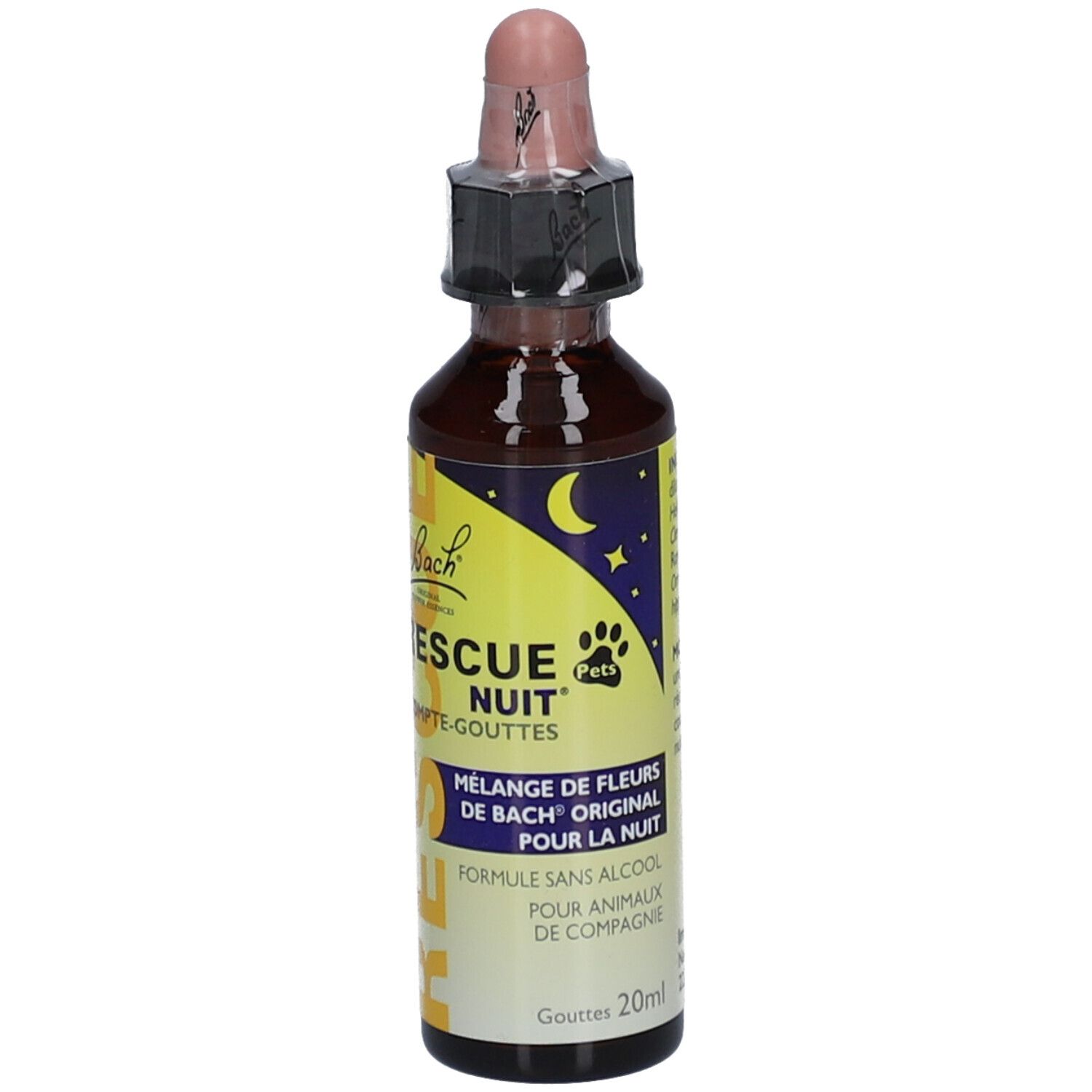 Flacon en verre brun avec compte-gouttes, Rescue Nuit Pets, 20ml.