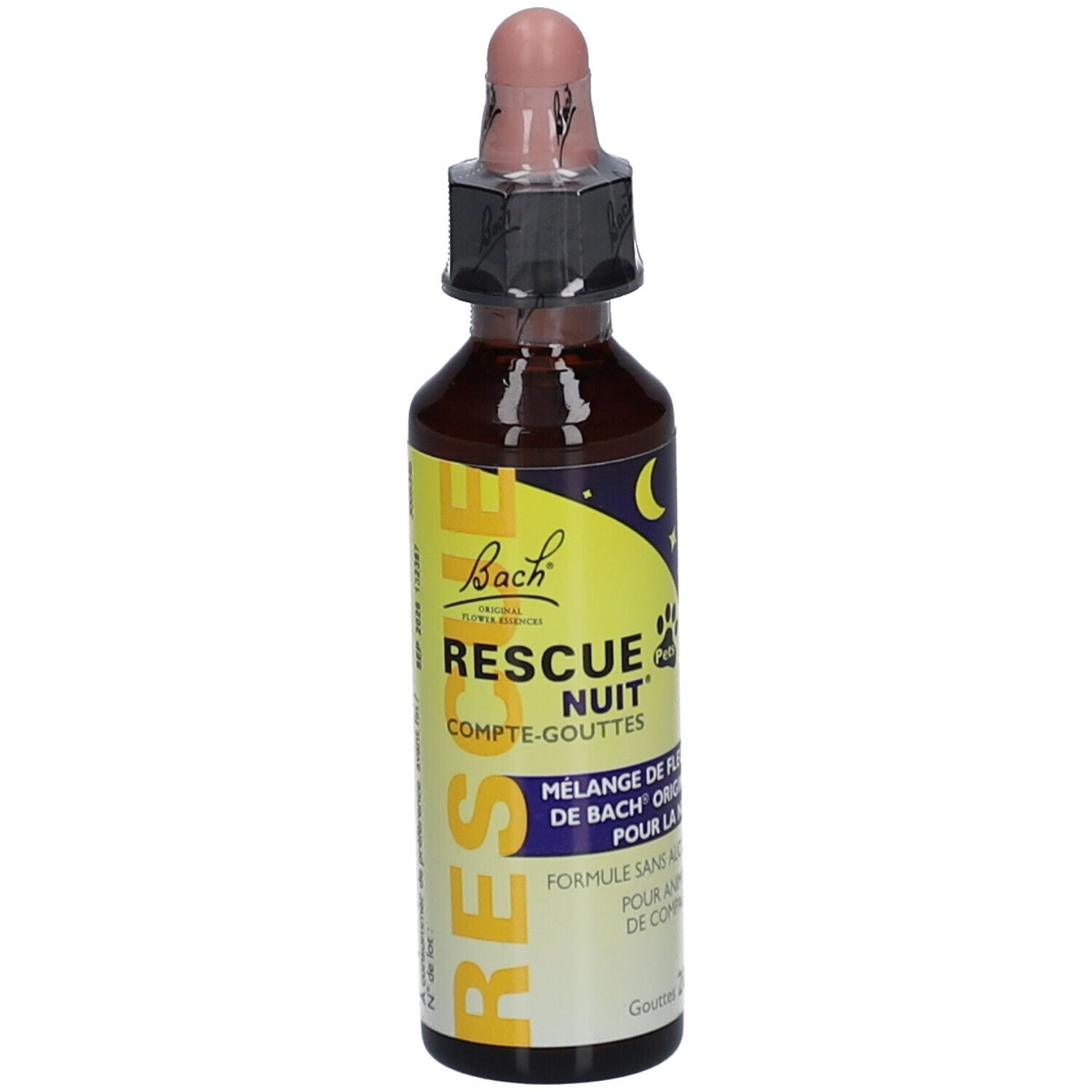 Flacon compte-gouttes Bach Rescue Remedy Night. Étiquette jaune avec lune et étoiles.