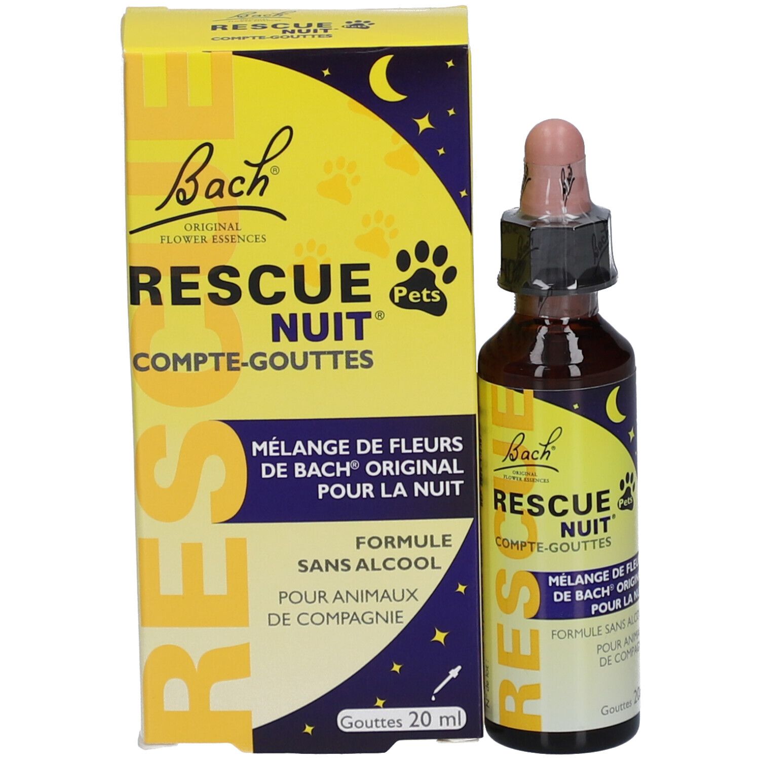 Flacon compte-gouttes et boîte Bach Rescue Nuit Pets. Boîte jaune motif nuit, flacon en verre brun avec compte-gouttes.