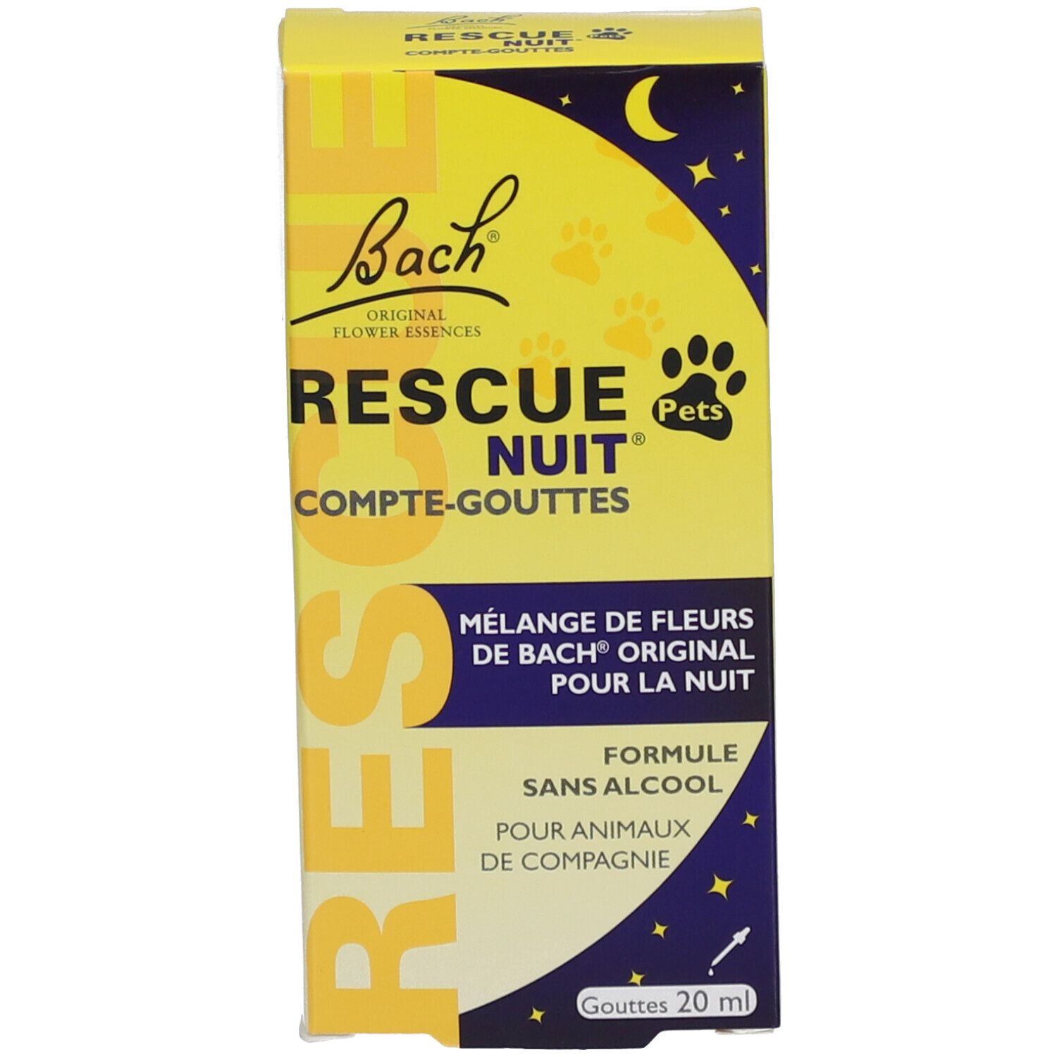 Boîte de gouttes Rescue Nuit Pets Bach, 20ml. Emballage jaune avec motif de nuit.