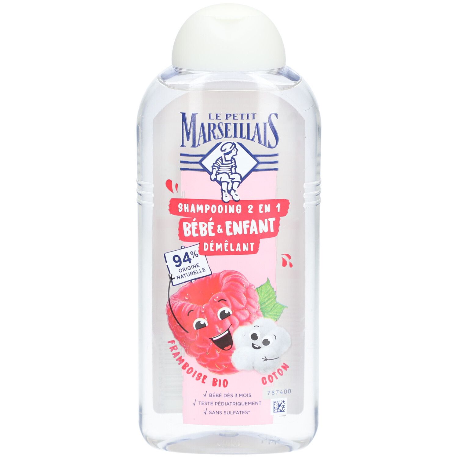 Flacon de Shampooing 2 en 1 Bébé & Enfant. Étiquette avec nom du produit, logo, ingrédients et certification.