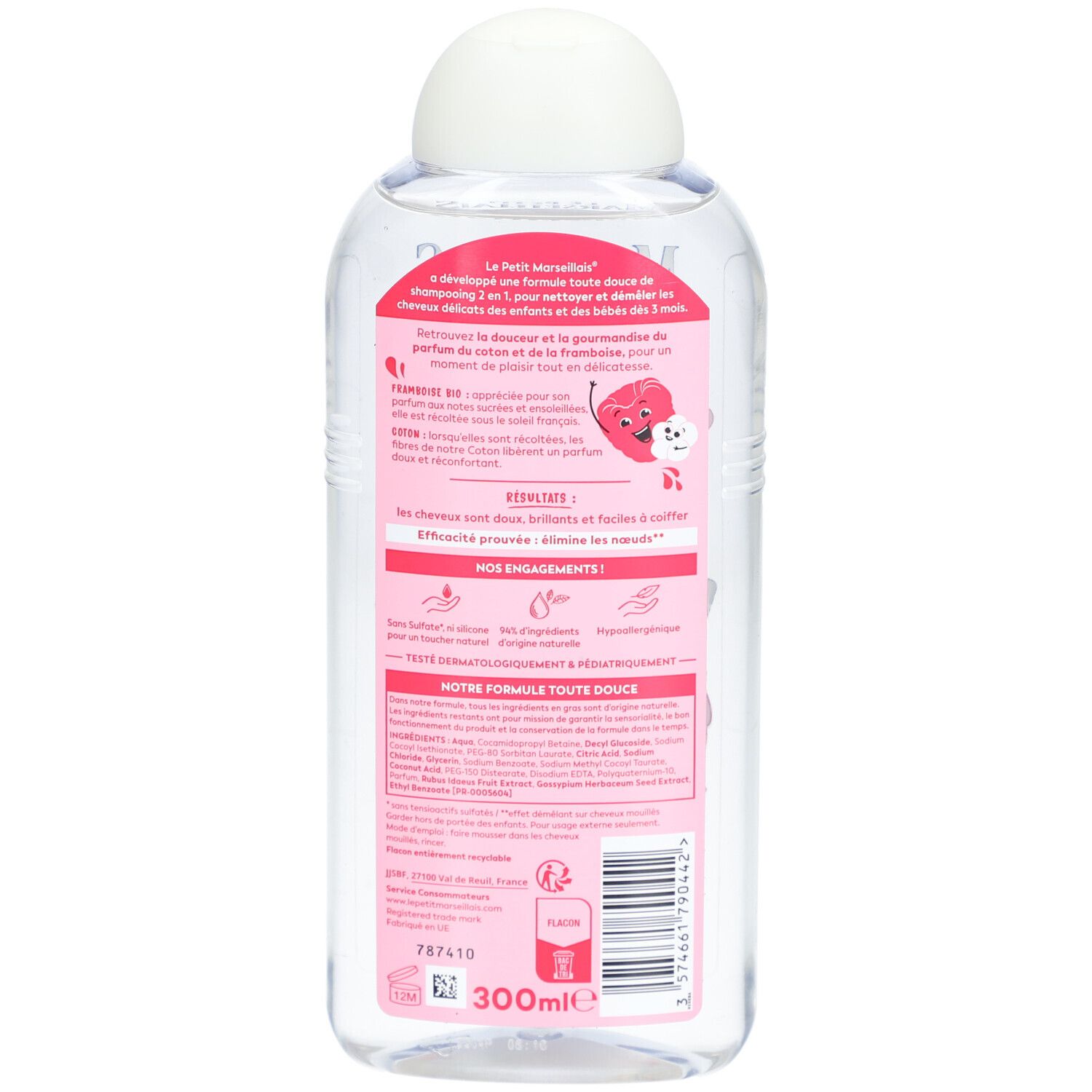 Dos du flacon de shampooing. Texte avec informations produit, ingrédients et fabricant. Volume : 300ml.