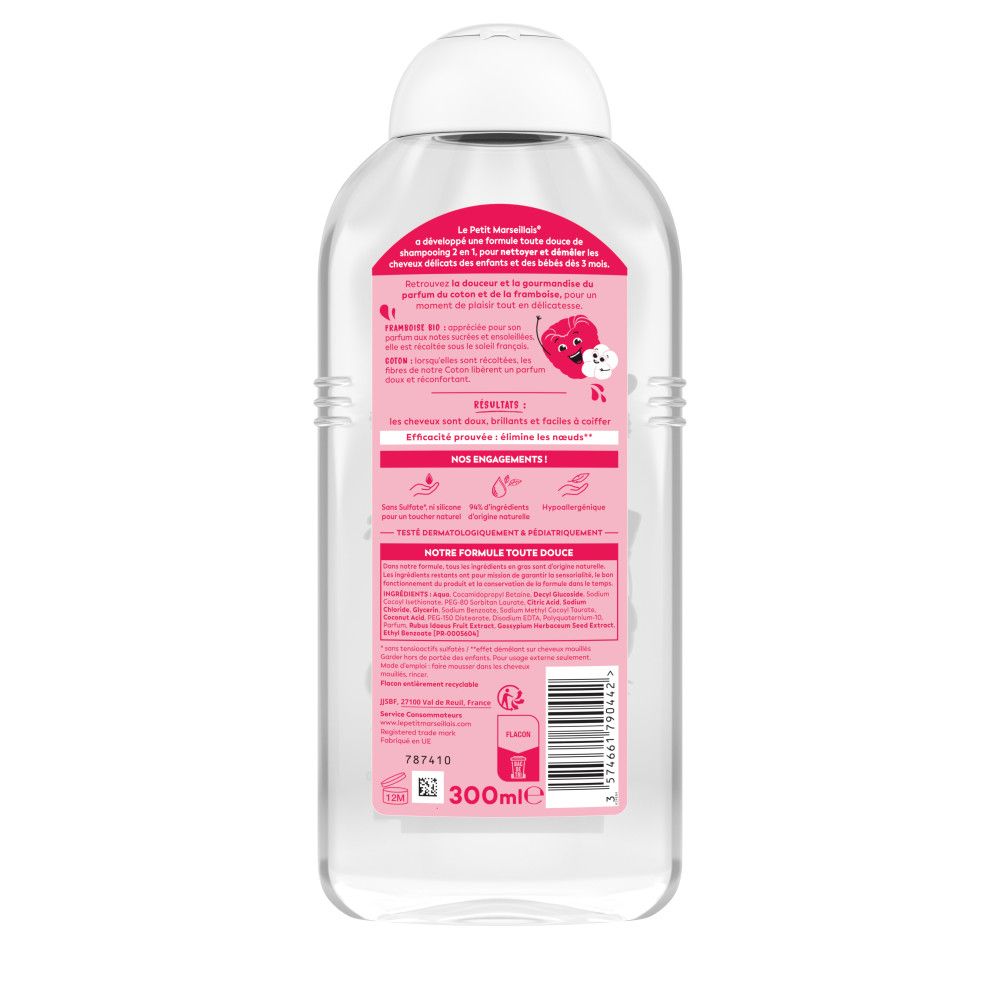 Achterkant van de fles. Franse tekst. Bevat informatie over ingrediënten en gebruik.