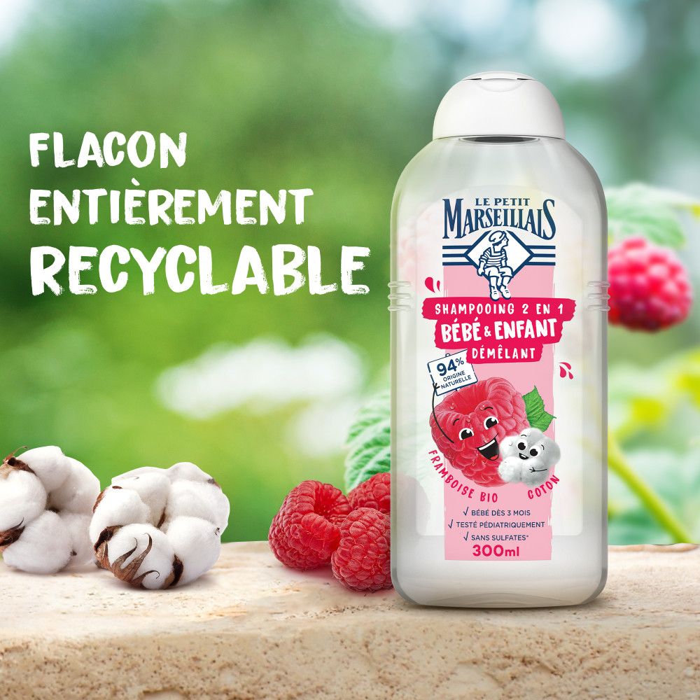 Fles, frambozen en katoen. Tekst: Flacon Entièrement Recyclable.