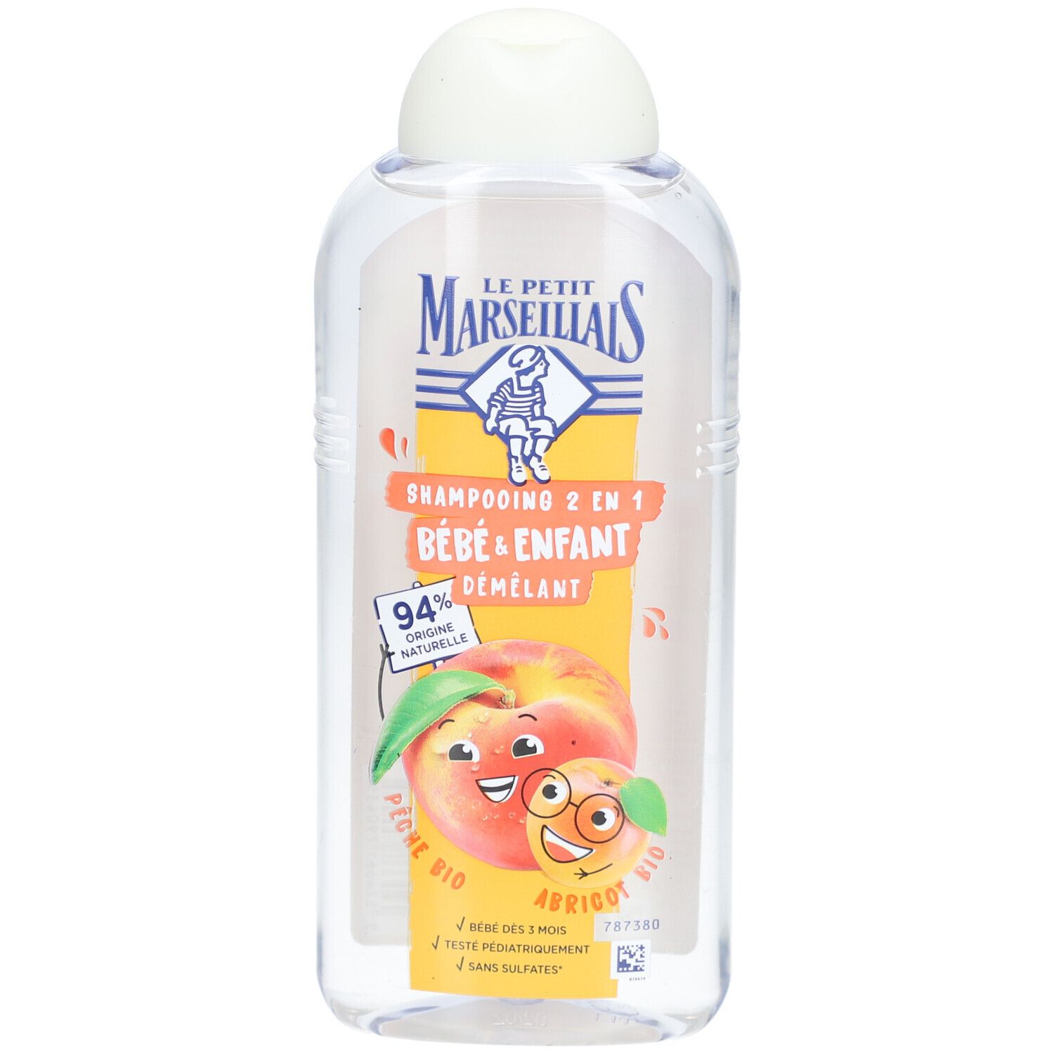 Flacon transparent de Shampooing 2 en 1 Bébé & Enfant. Étiquette avec pêche, abricot et texte.