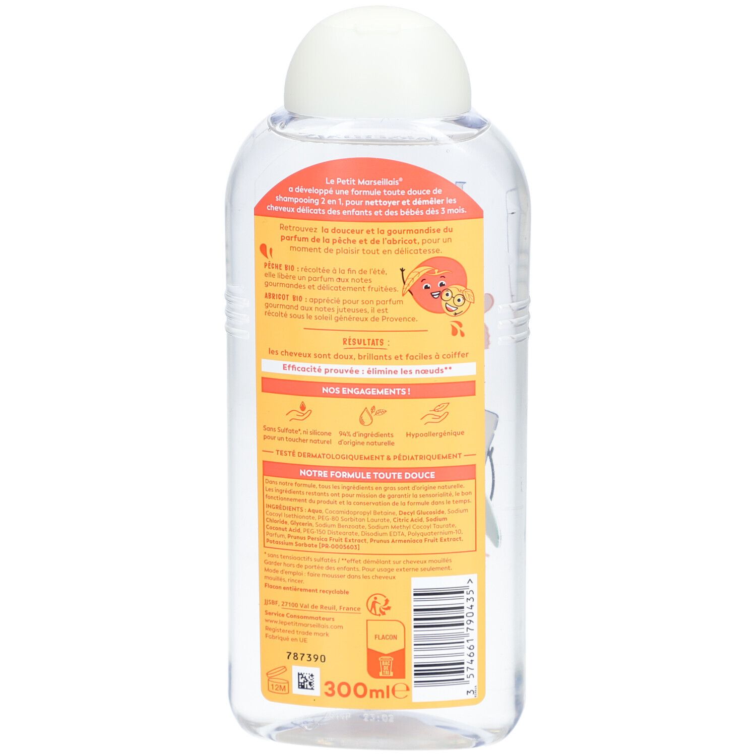 Dos du flacon de shampooing. Texte, ingrédients, illustrations, indication 300ml, symbole de recyclage.
