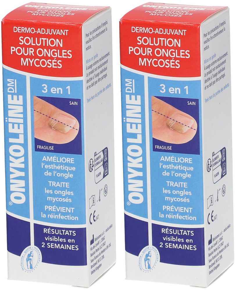 Deux boîtes de solution ONYKOLEÏNE DM pour ongles mycosés. Inscription : 3 en 1, résultats visibles en 2 semaines. Marquage CE.