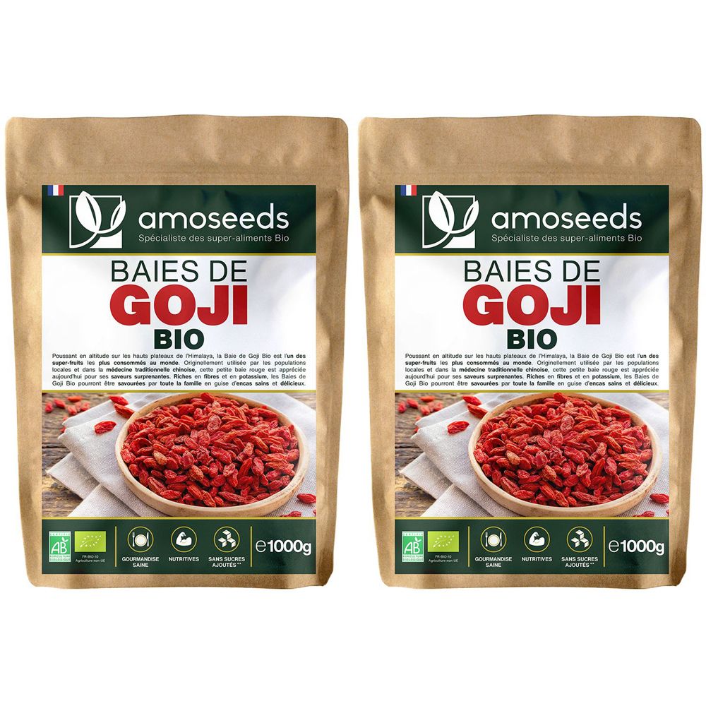 Deux paquets de Baies de Goji bio Amoseeds. Emballage marron avec logo, nom du produit et label bio. Baies de goji dans un bol.