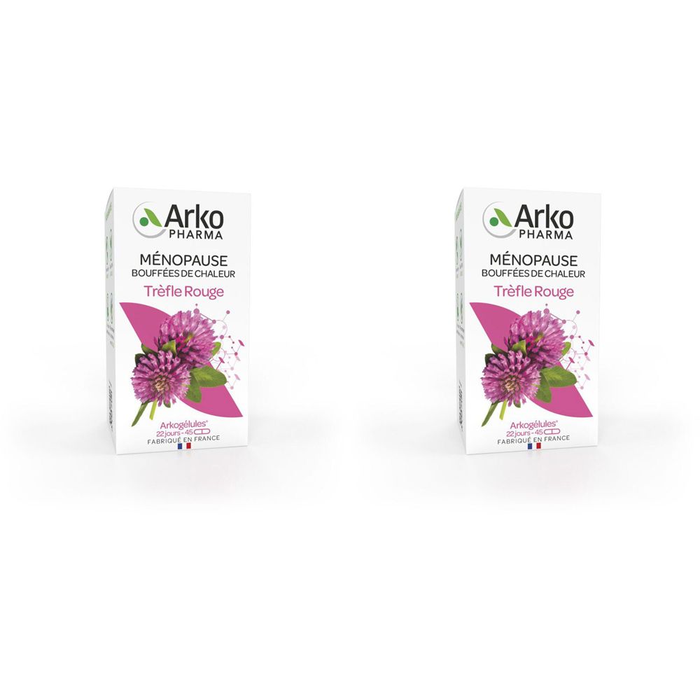Deux boîtes de "Ménopause Trèfle Rouge" avec le logo "Arko Pharma". Illustration d'une fleur rouge. Texte en français.