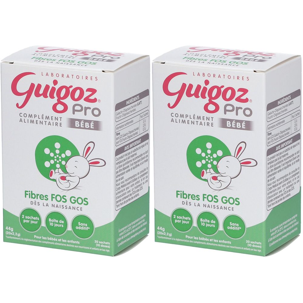 Deux boîtes Guigoz Pro, Fibres FOS GOS. Inscriptions: Bébé, 2 sachets par jour, boîte de 10 jours, sans sucres ajoutés. Logo lapin.