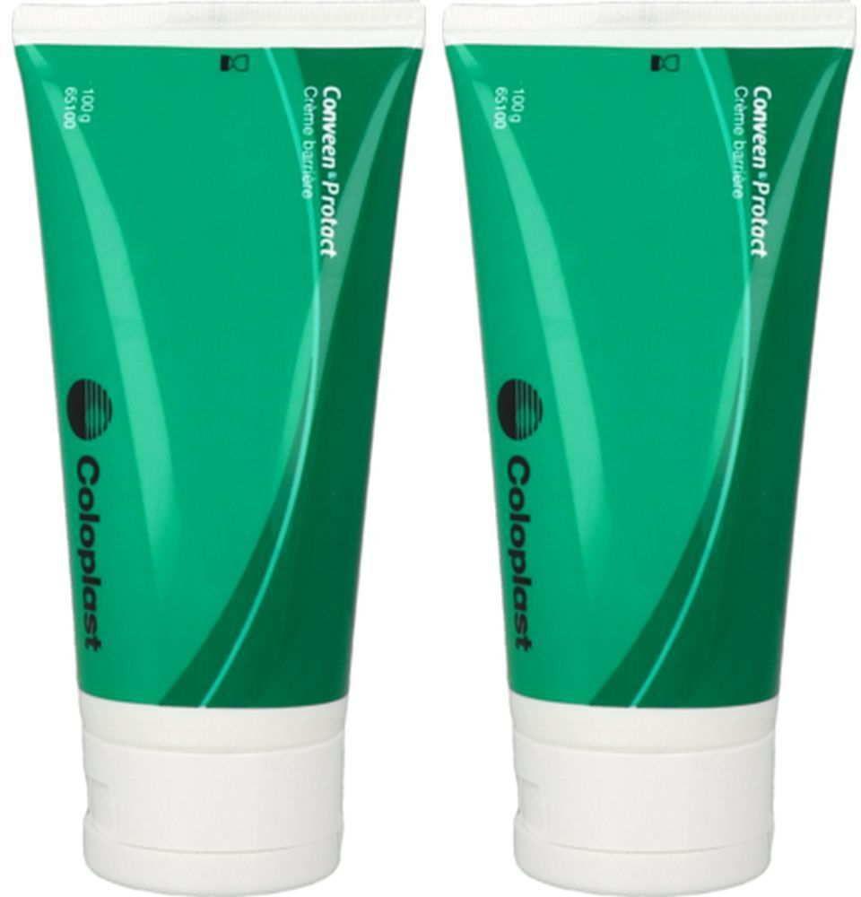 Deux tubes verts de Conveen Protact Crème barrière. Inscription : Coloplast, 100g, 65100. Bouchon blanc.