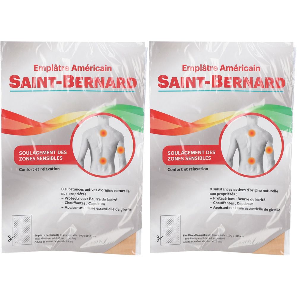 Deux paquets de patchs chauffants SAINT-BERNARD. Inscription: Emplâtre Américain, SOULAGEMENT DES ZONES SENSIBLES. Image d'un dos.