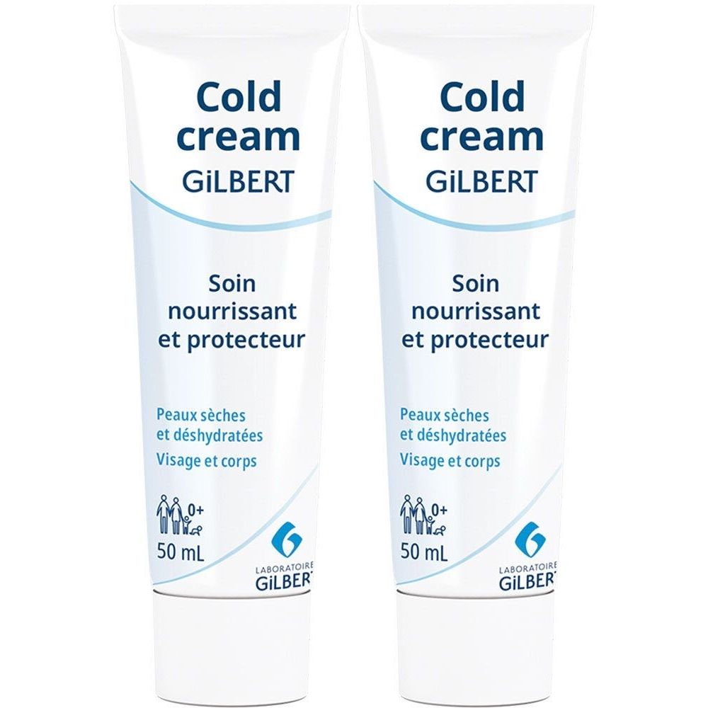 Twee tubes Cold cream GILBERT. Witte tubes met blauwe tekst. Soin nourrissant et protecteur. Voor droge huid, gezicht en lichaam.