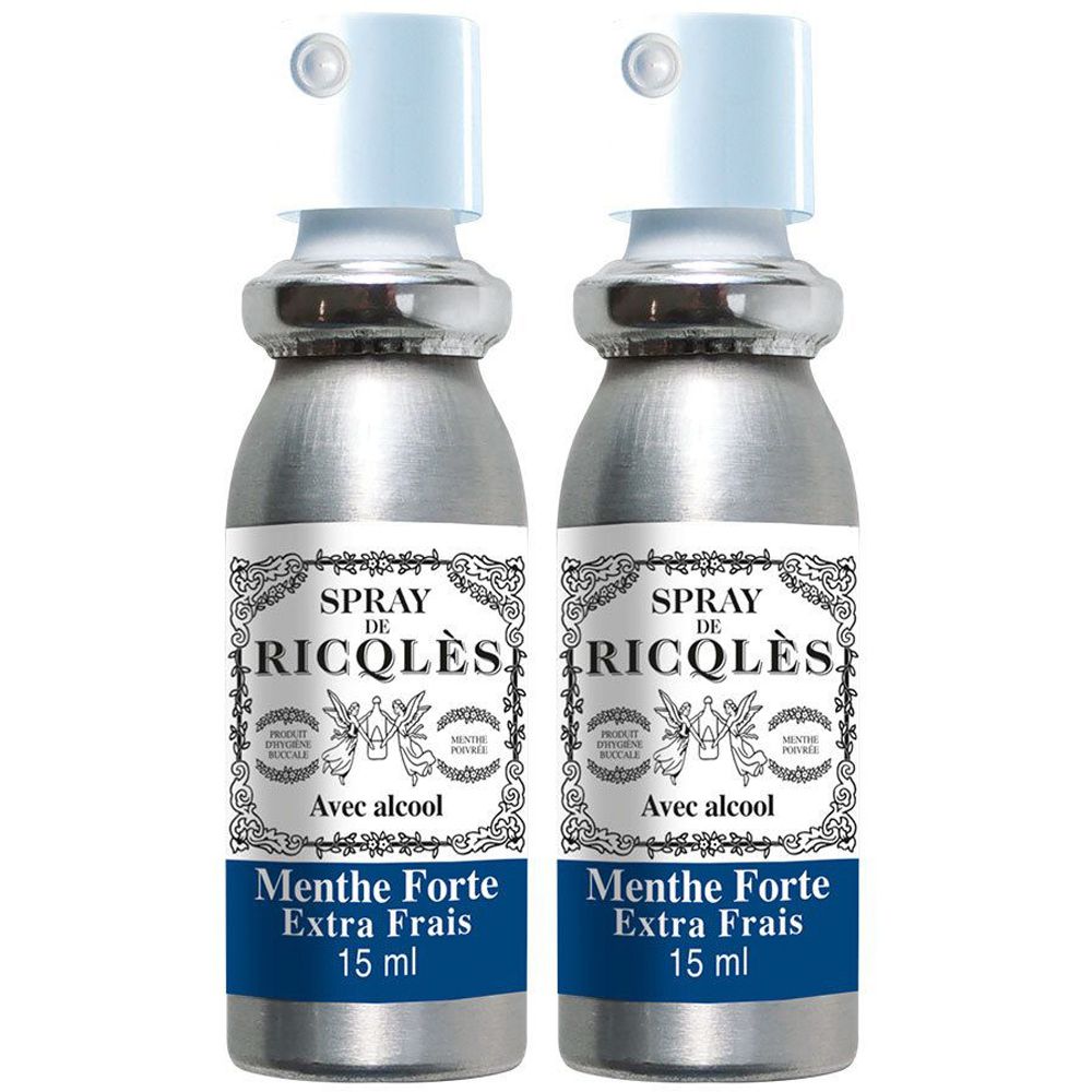 Twee sprays met zilverkleurige flacons en blauwe sproeikoppen. Opschrift: Spray de Ricqlès, Menthe Forte Extra Frais, 15 ml.
