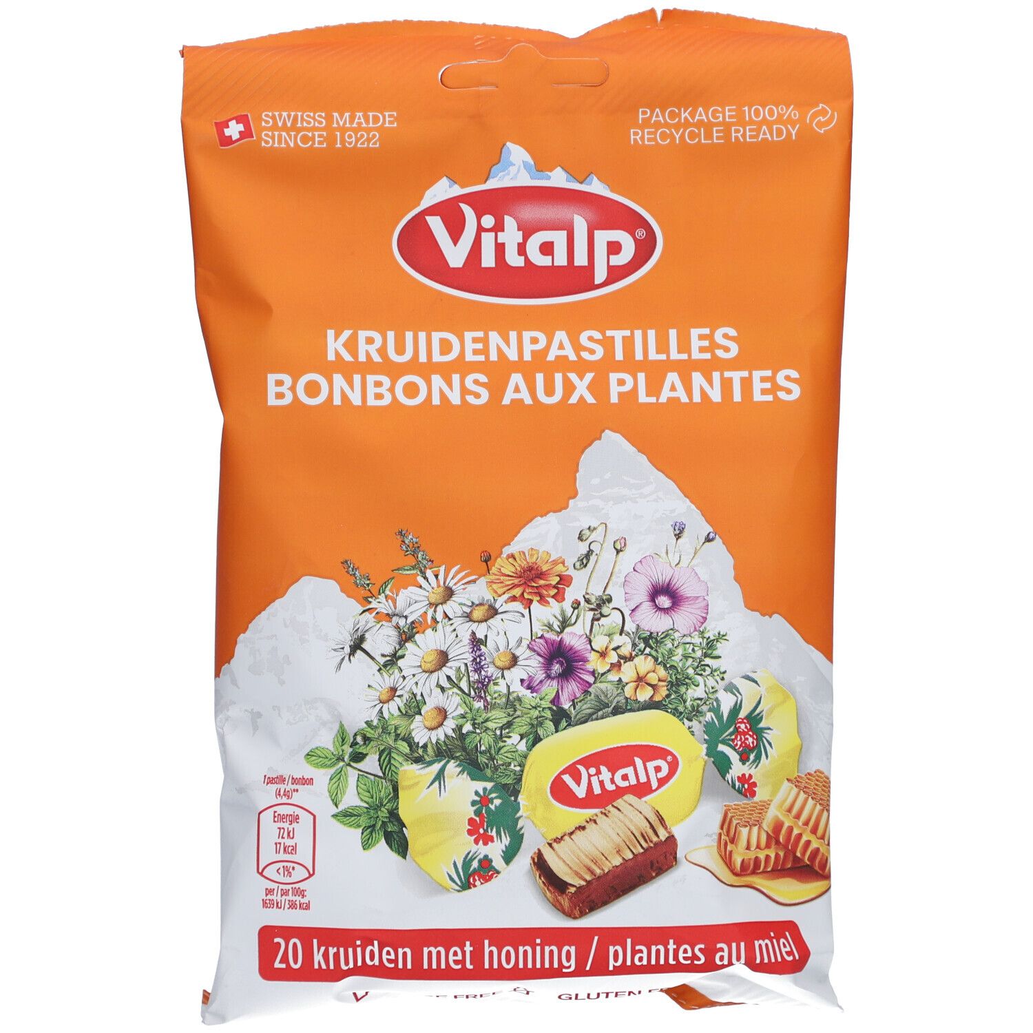 Sachet de bonbons VITALP. Sachet orange avec illustration et texte. "Swiss Made".
