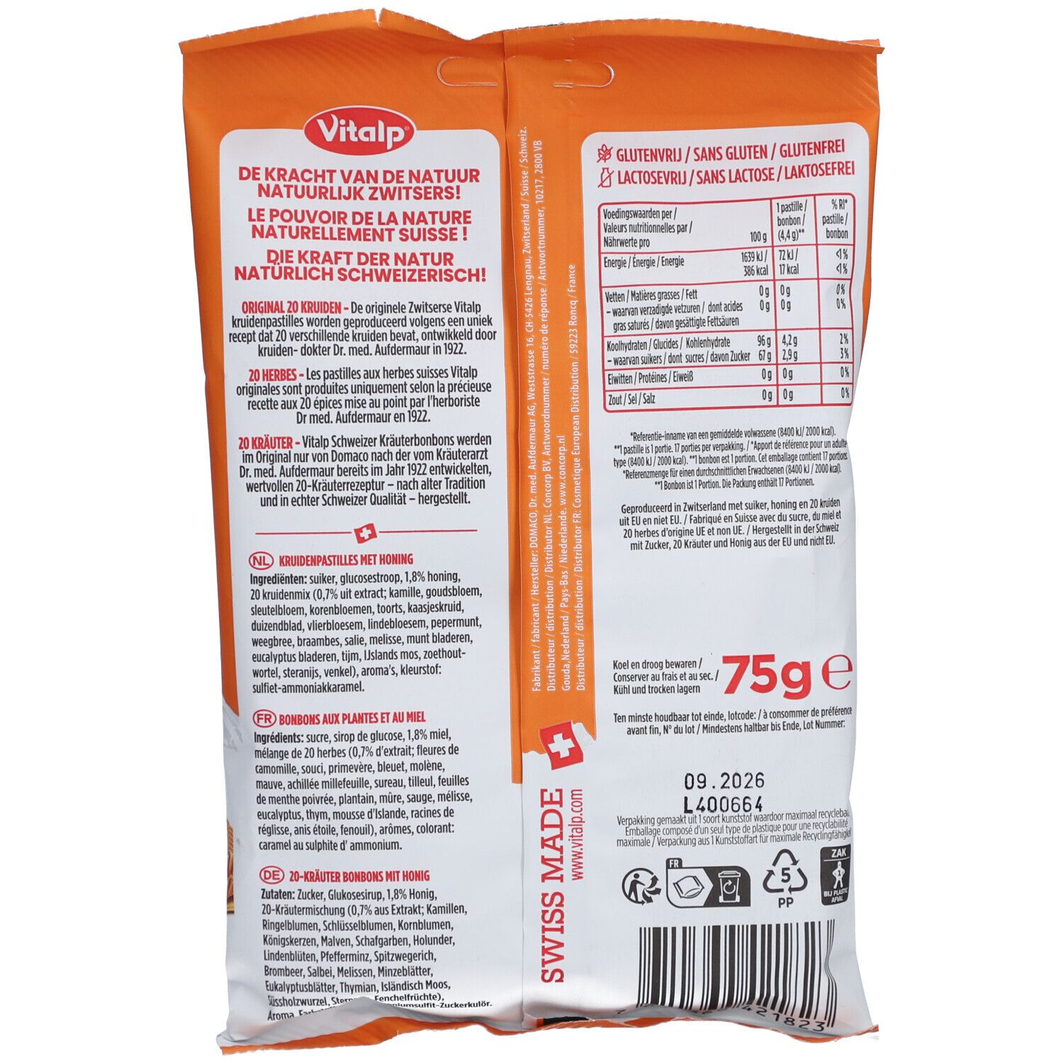 Dos du paquet de bonbons VITALP. Texte en allemand et français. Informations nutritionnelles et "Swiss Made".