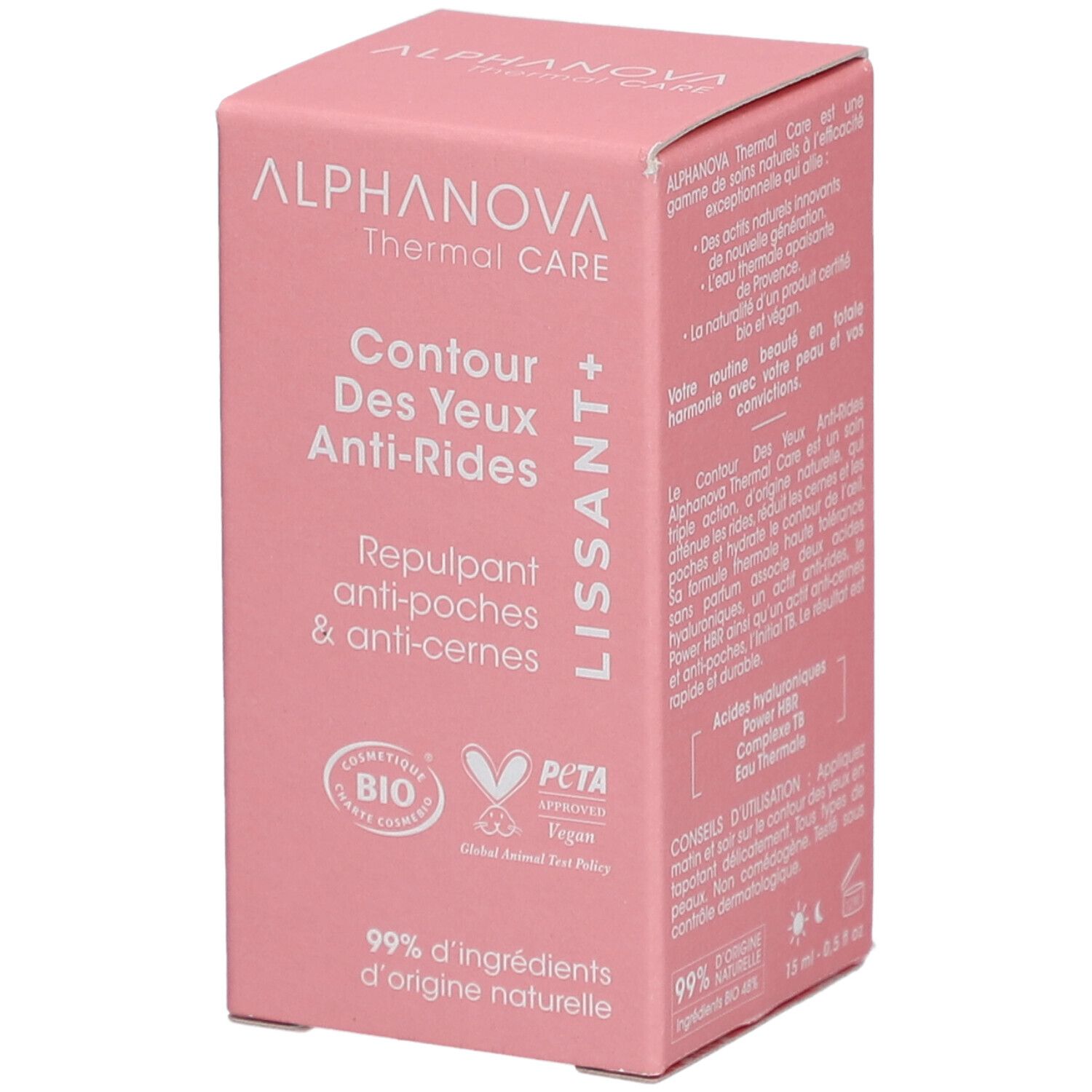Roze verpakking. Tekst: ALPHANOVA Thermal Care, Contour des Yeux Anti-Rides, Repulpant anti-poches & anti-cernes. Bio-certificering.