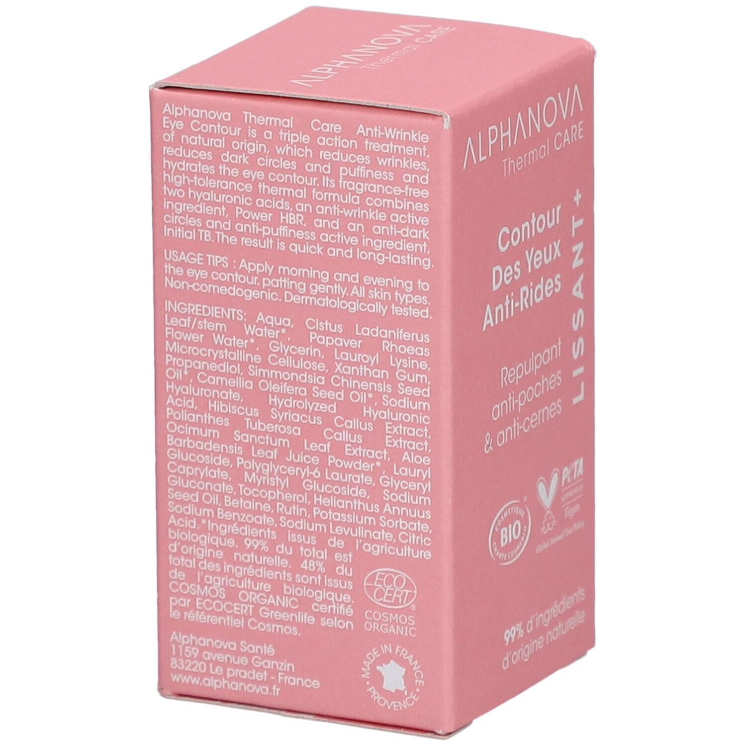 Roze verpakking. Tekst: ALPHANOVA Thermal Care, Anti-Wrinkle Eye Contour. Ingrediënten en certificeringen. PETA-logo.