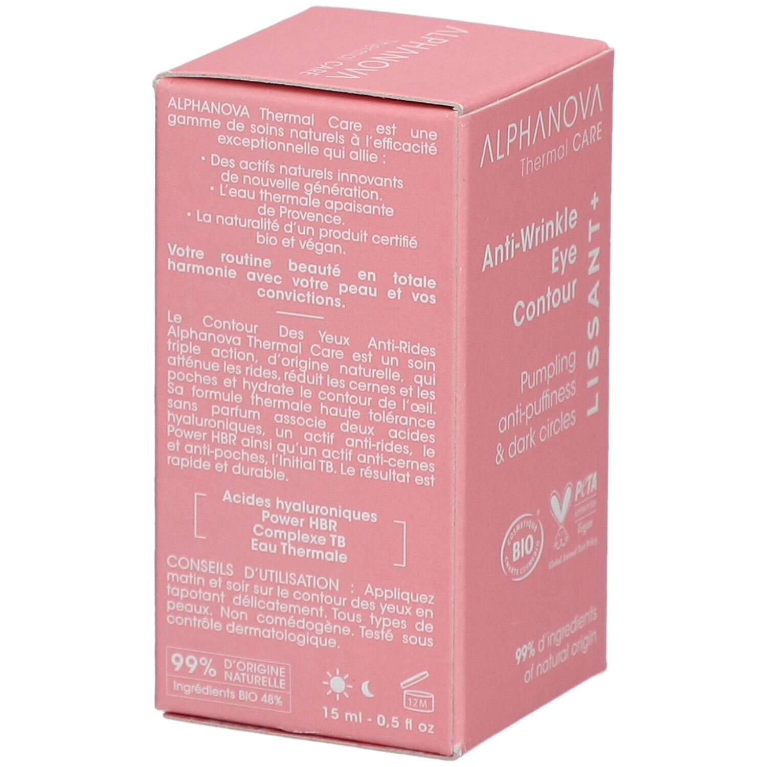 Roze verpakking. Tekst: ALPHANOVA Thermal Care, Anti-Wrinkle Eye Contour. Ingrediënten en gebruiksaanwijzing. 15 ml.