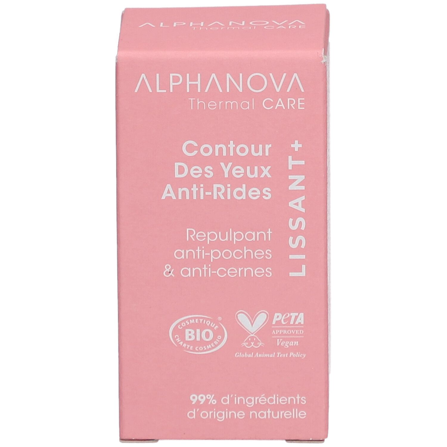 Roze verpakking. Tekst: ALPHANOVA Thermal Care, Contour des Yeux Anti-Rides, Repulpant anti-poches & anti-cernes. Bio-certificering.
