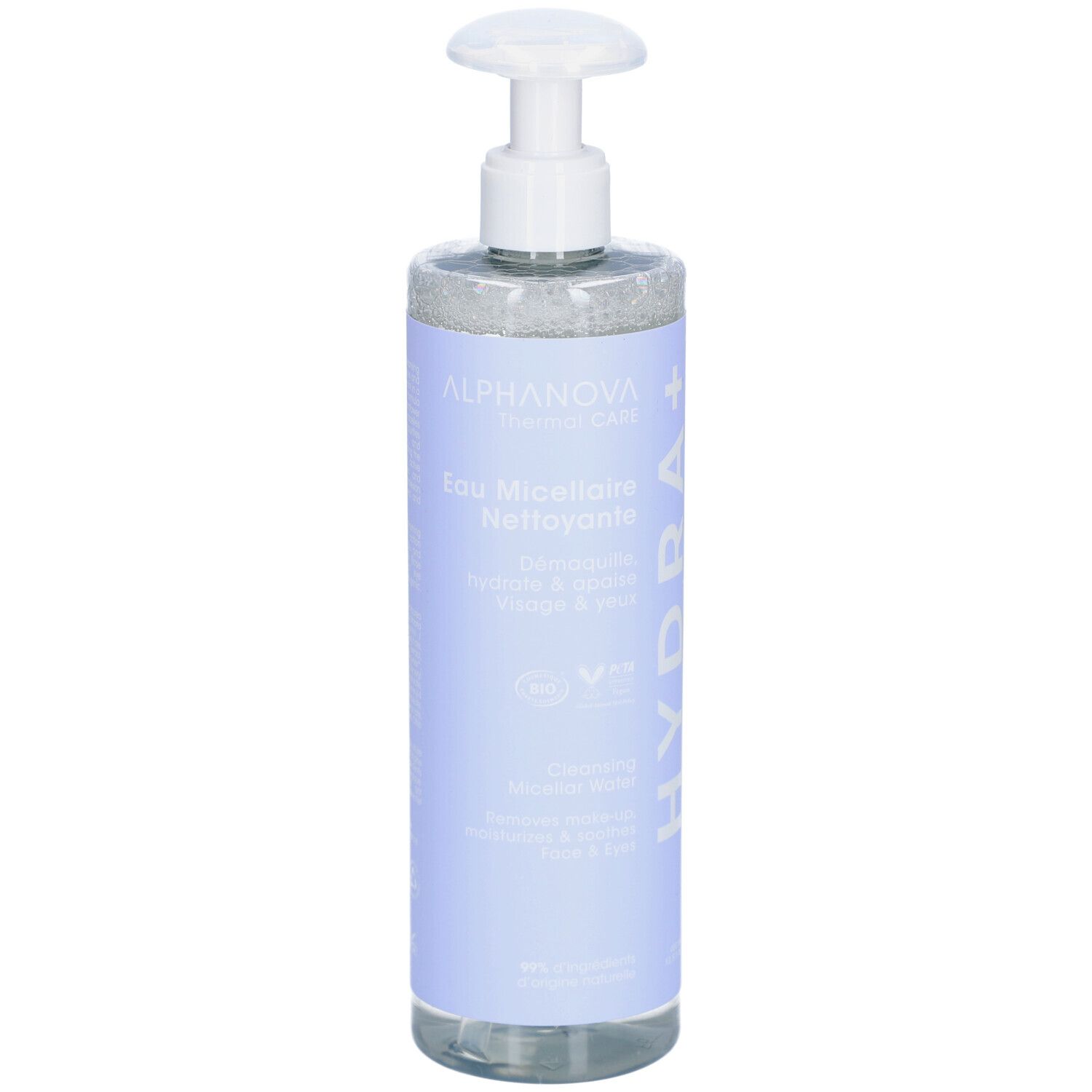 ALPHANOVA Eau Micellaire Nettoyante. Fles met pomp. Blauw etiket met productinfo en logo.