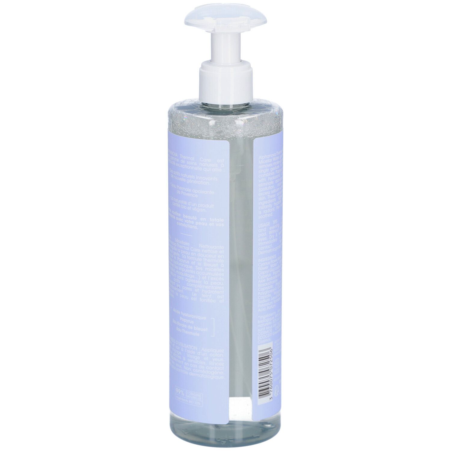 ALPHANOVA Eau Micellaire Nettoyante. Achteraanzicht fles. Transparante vloeistof. Blauw etiket.