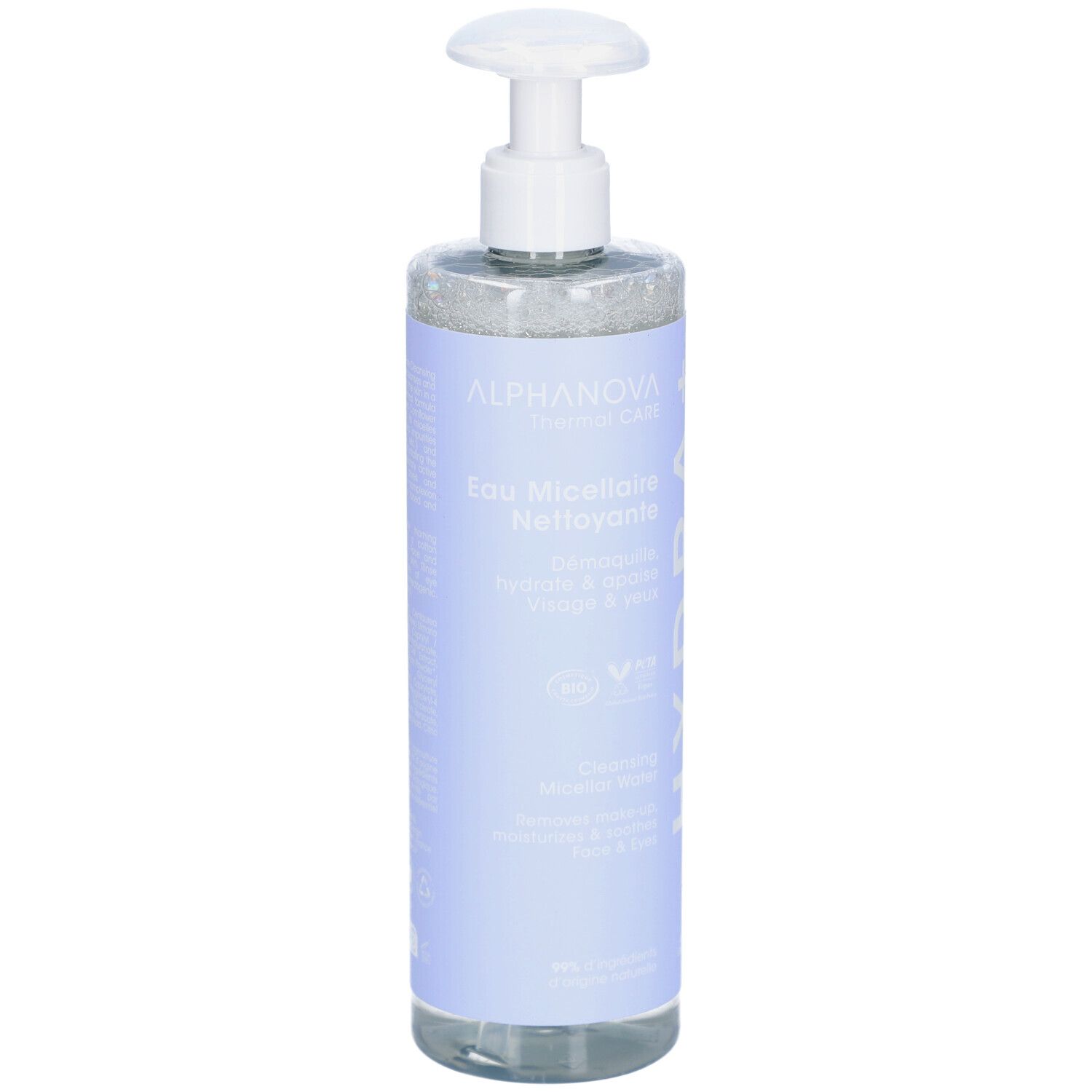 ALPHANOVA Eau Micellaire Nettoyante. Fles met pomp. Blauw etiket met productinfo.