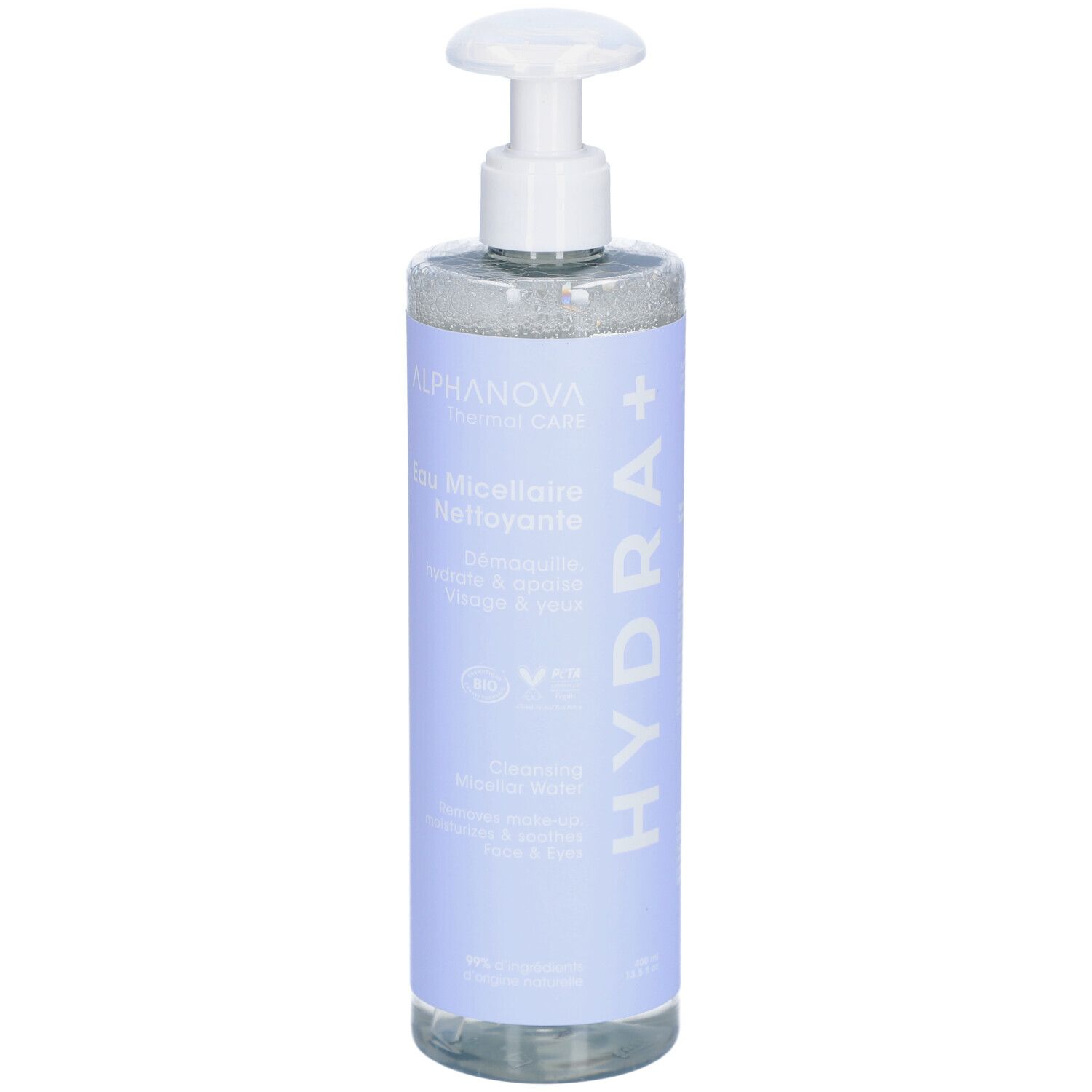 ALPHANOVA Eau Micellaire Nettoyante. Fles met pomp. Blauw etiket met naam en logo.