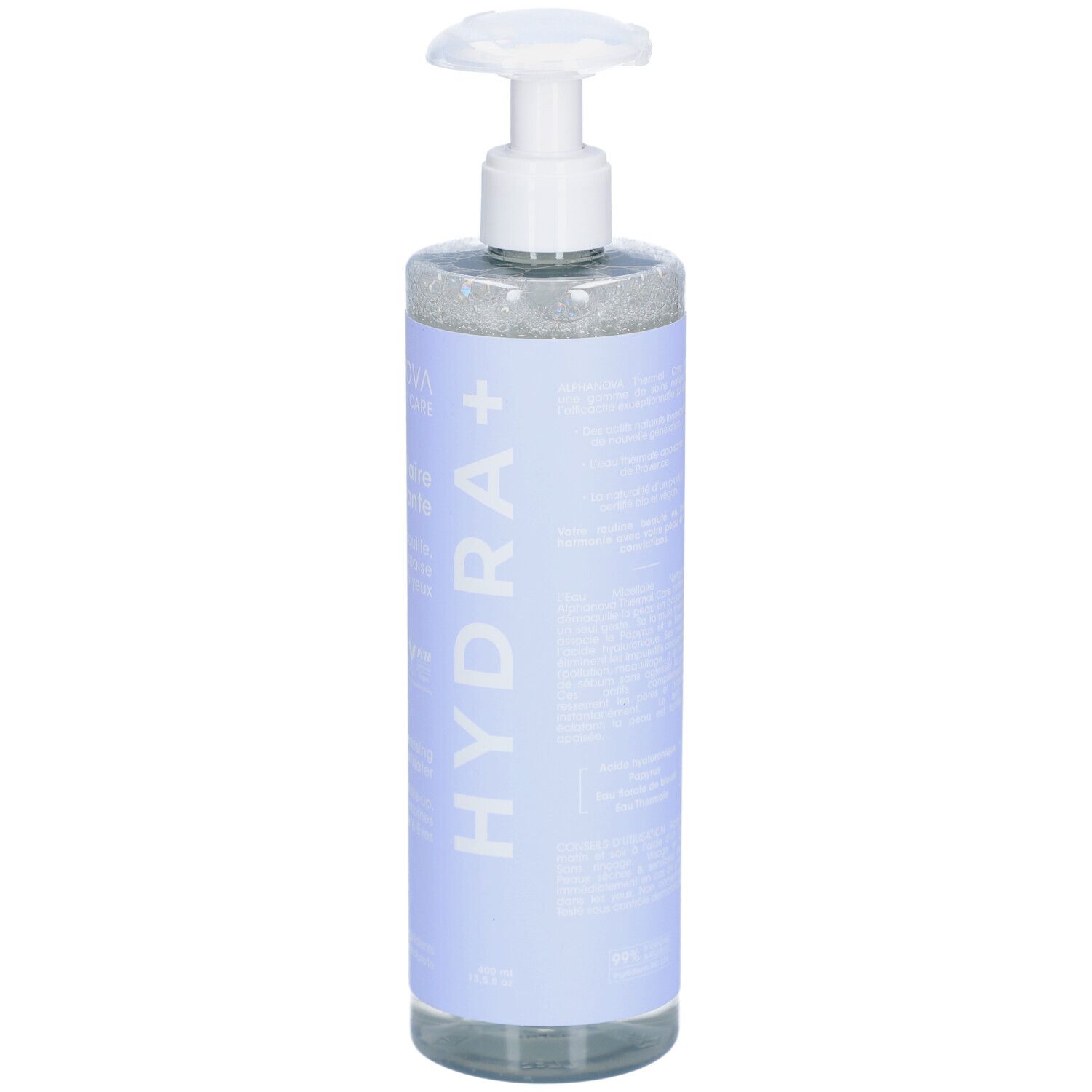 ALPHANOVA Eau Micellaire Nettoyante. Fles met pomp. Blauw etiket met tekst en logo.