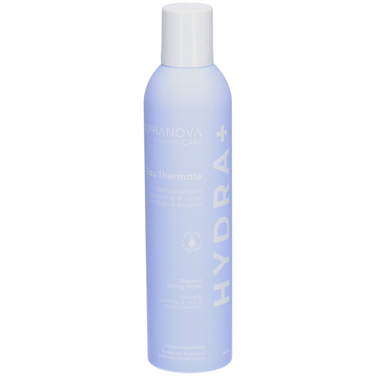 Flacon bleu clair avec bouchon blanc. Inscription: ALPHANOVA Thermal Care, Eau Thermale, Hydra+.