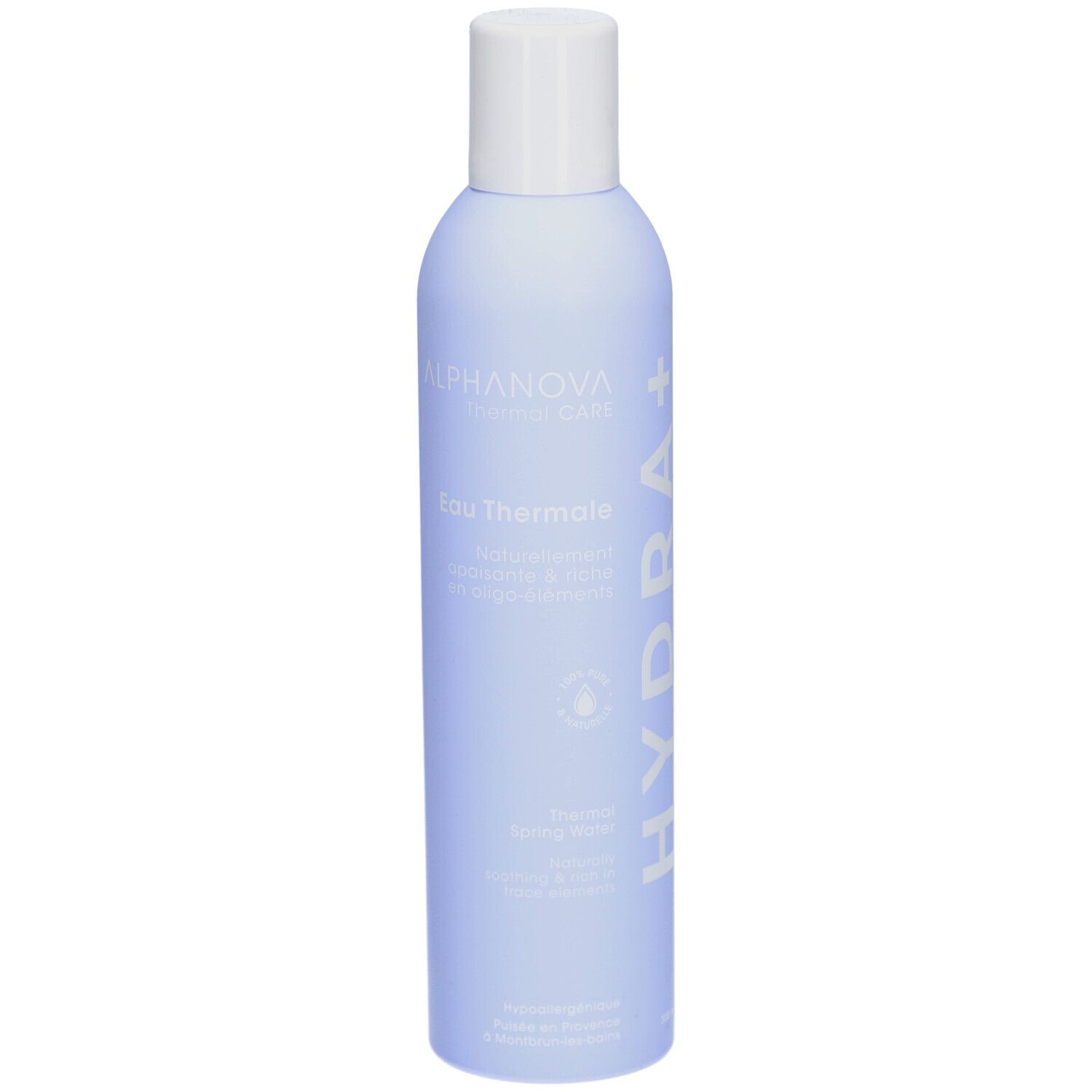 Flacon bleu clair avec bouchon blanc. Inscription: ALPHANOVA Thermal Care, Eau Thermale, Hydra+.