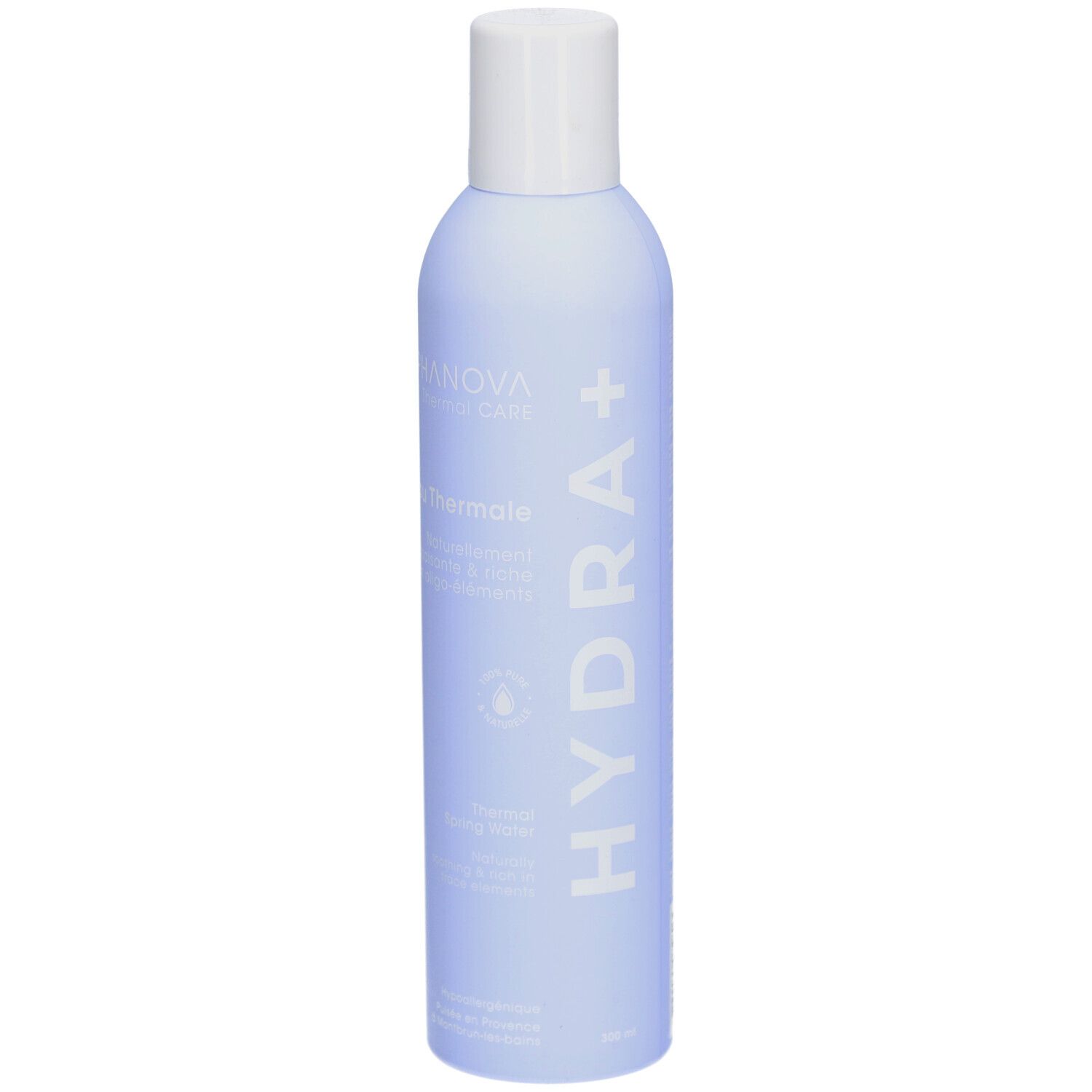 Flacon bleu clair avec bouchon blanc. Inscription: ALPHANOVA Thermal Care, Eau Thermale, Hydra+.