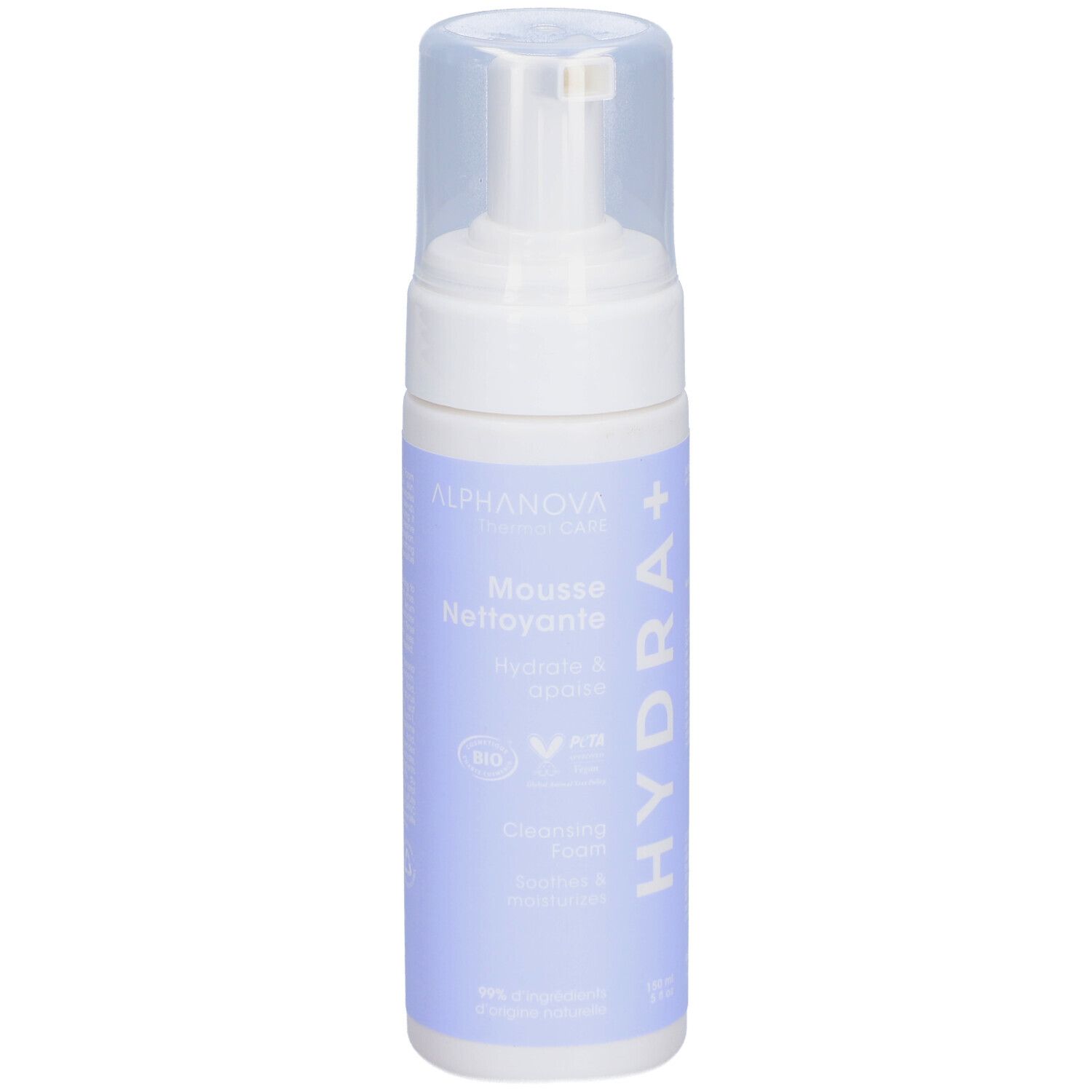 Flacon blanc et violet avec pompe. Inscriptions: ALPHANOVA, Mousse Nettoyante, Hydra+. Certification bio.
