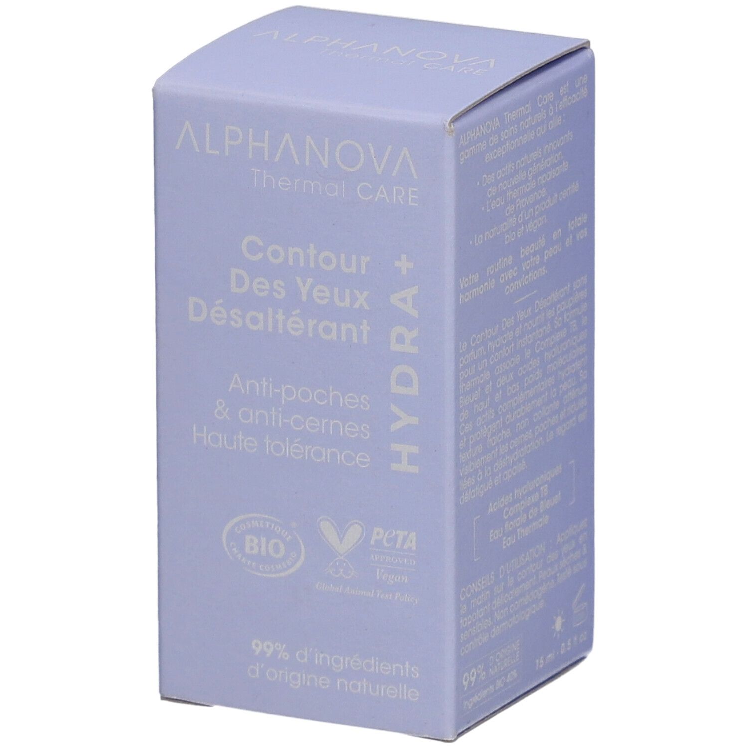 Lichtpaarse doos met productinformatie. Opschrift: ALPHANOVA Thermal Care, Contour des Yeux Désaltérant, Hydra+. Bio-label.