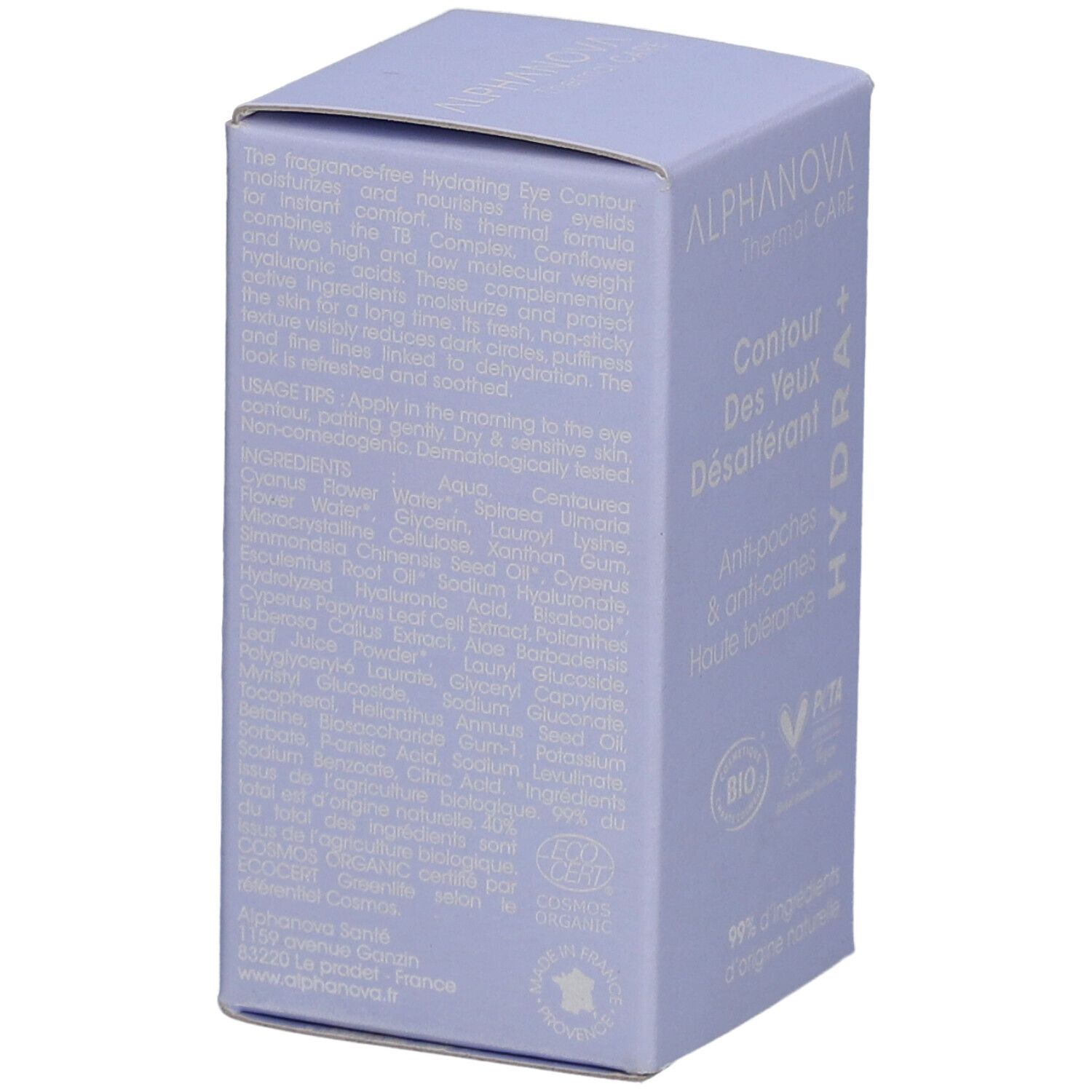 Lichtpaarse doos met productinformatie. Opschrift: ALPHANOVA Thermal Care, Contour des Yeux Désaltérant, Hydra+. Ingrediënten.