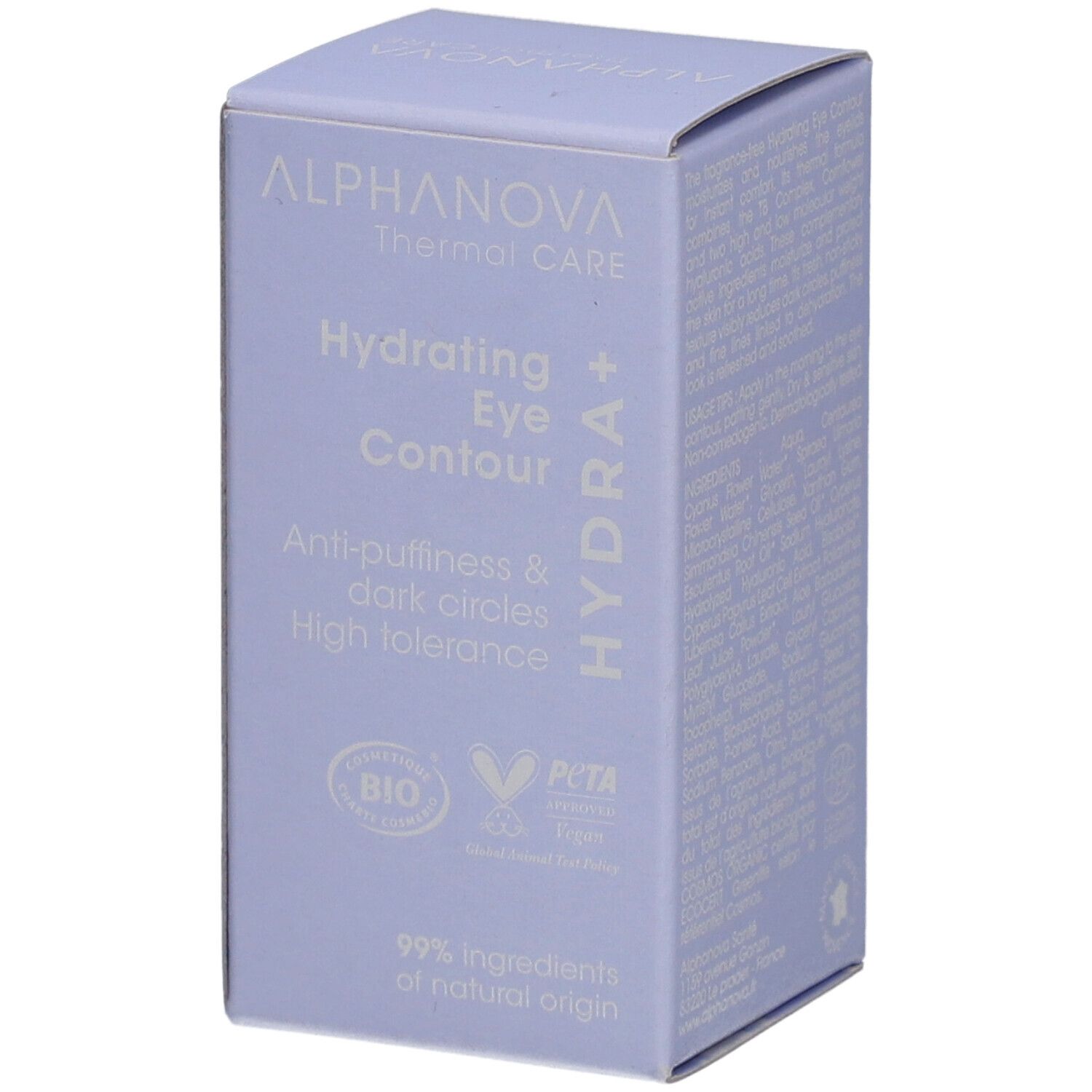 Lichtpaarse doos met productinformatie. Opschrift: ALPHANOVA Thermal Care, Hydrating Eye Contour, Hydra+. Bio-label.