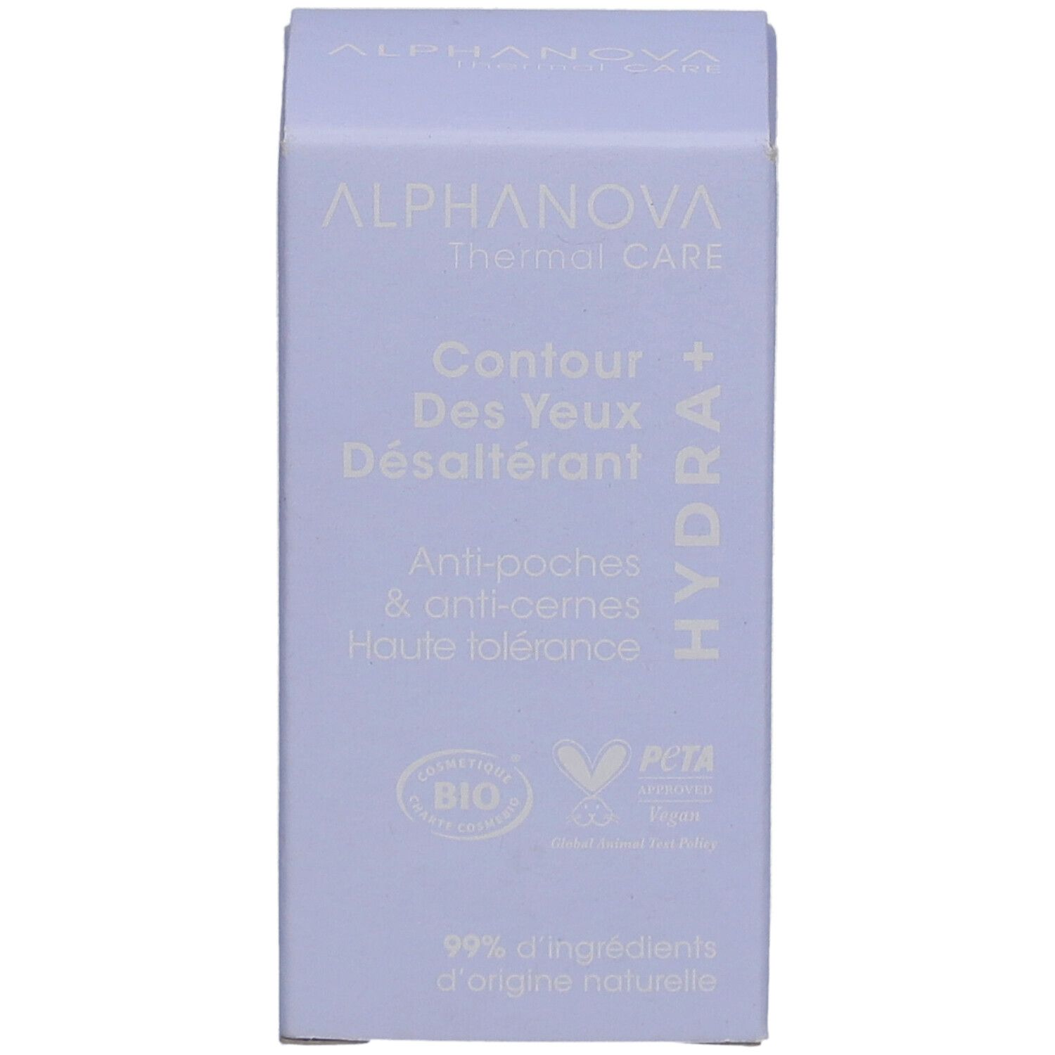 Lichtpaarse doos met productinformatie. Opschrift: ALPHANOVA Thermal Care, Contour des Yeux Désaltérant, Hydra+. Bio-label.
