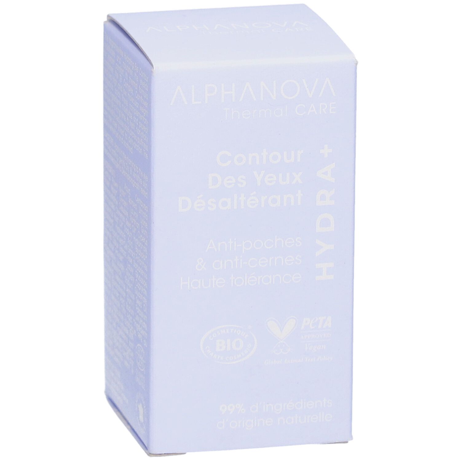 Lichtpaarse doos met productinformatie. Opschrift: ALPHANOVA Thermal Care, Contour des Yeux Désaltérant, Hydra+. Bio-label.