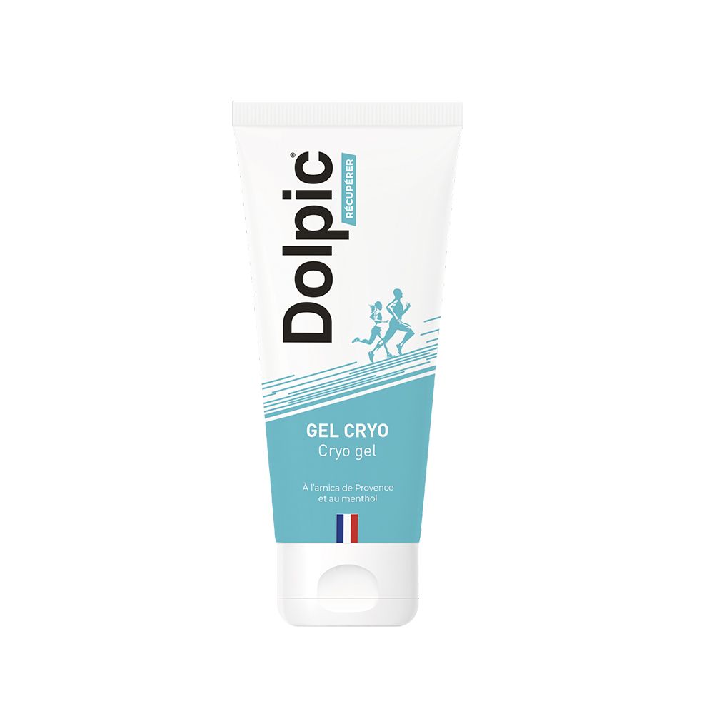 Witte en blauwe tube met productopdruk. Opschrift "Dolpic" en "Gel Cryo". Franse vlag onderaan.