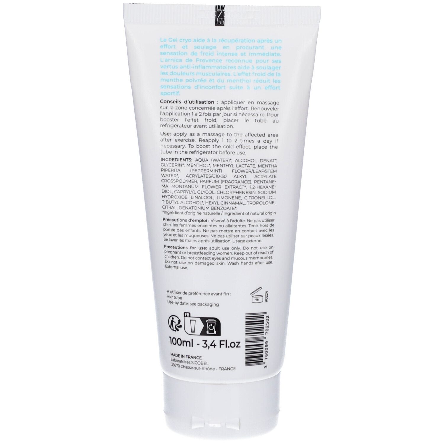 Achterkant van een witte tube. Tekst in het Frans en Engels. Ingrediënten en gebruiksaanwijzing.