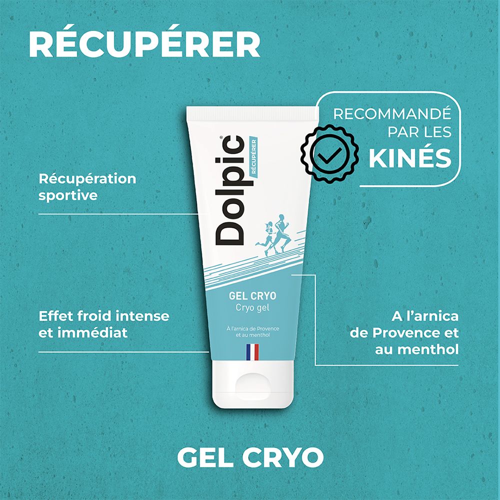 Producttube met tekst en afbeeldingen. Tekst: "Récupérer", "Gel Cryo". Logo "Recommandé par les kinés".