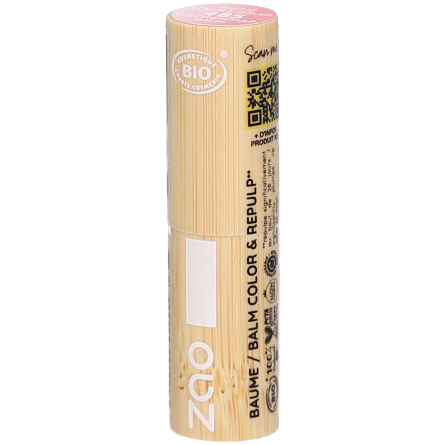 Cilindrische lippenbalsem-container van hout. Roze bovenkant, met opdrukken. Zichtbaar: ZAO-logo, BAUME / COLOR & REPULP, COSMETIQUE BIO.